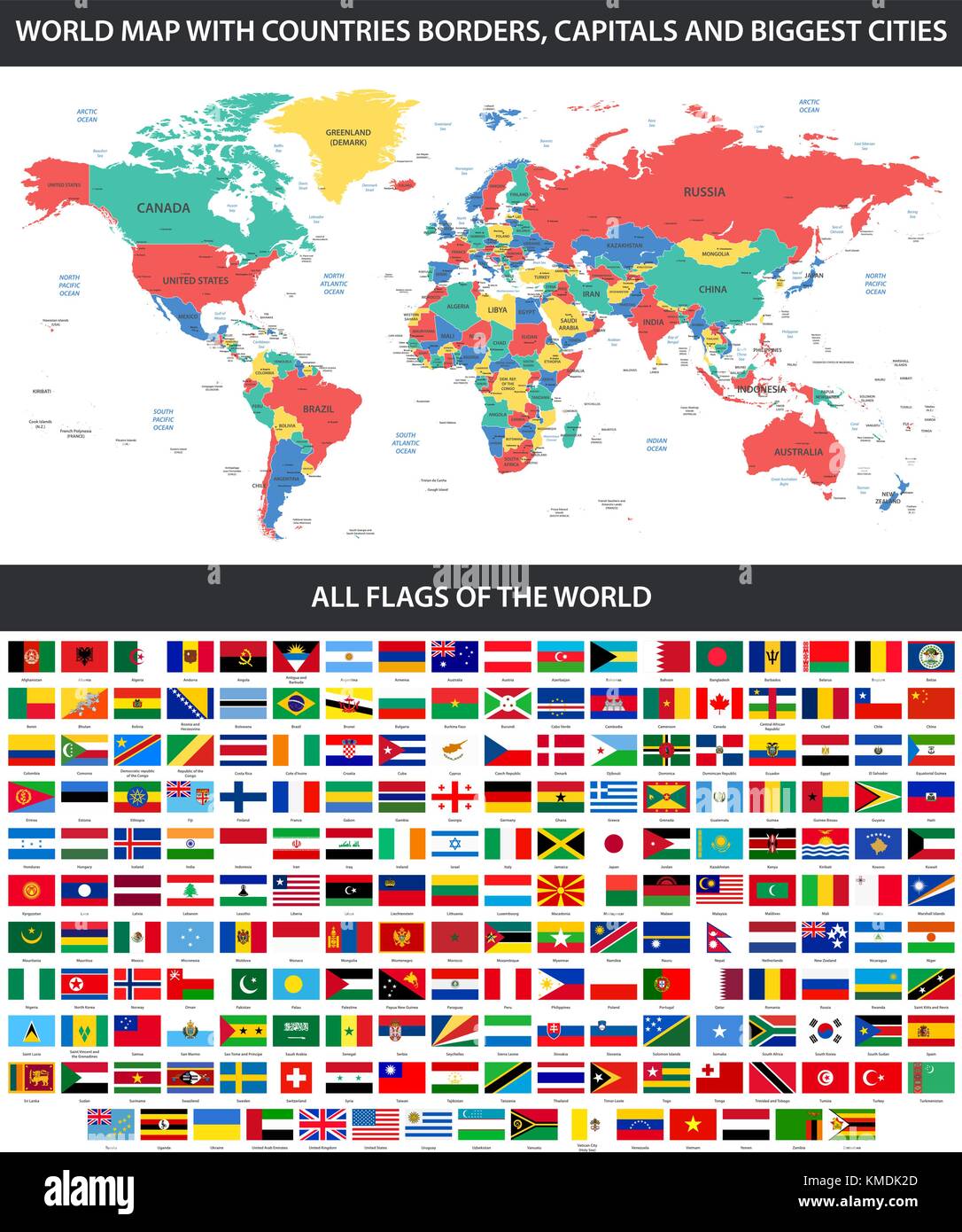 Alle Flaggen der Welt in alphabetischer Reihenfolge und detaillierte Welt  Karte mit Grenzen, Länder, große Städte Stock-Vektorgrafik - Alamy