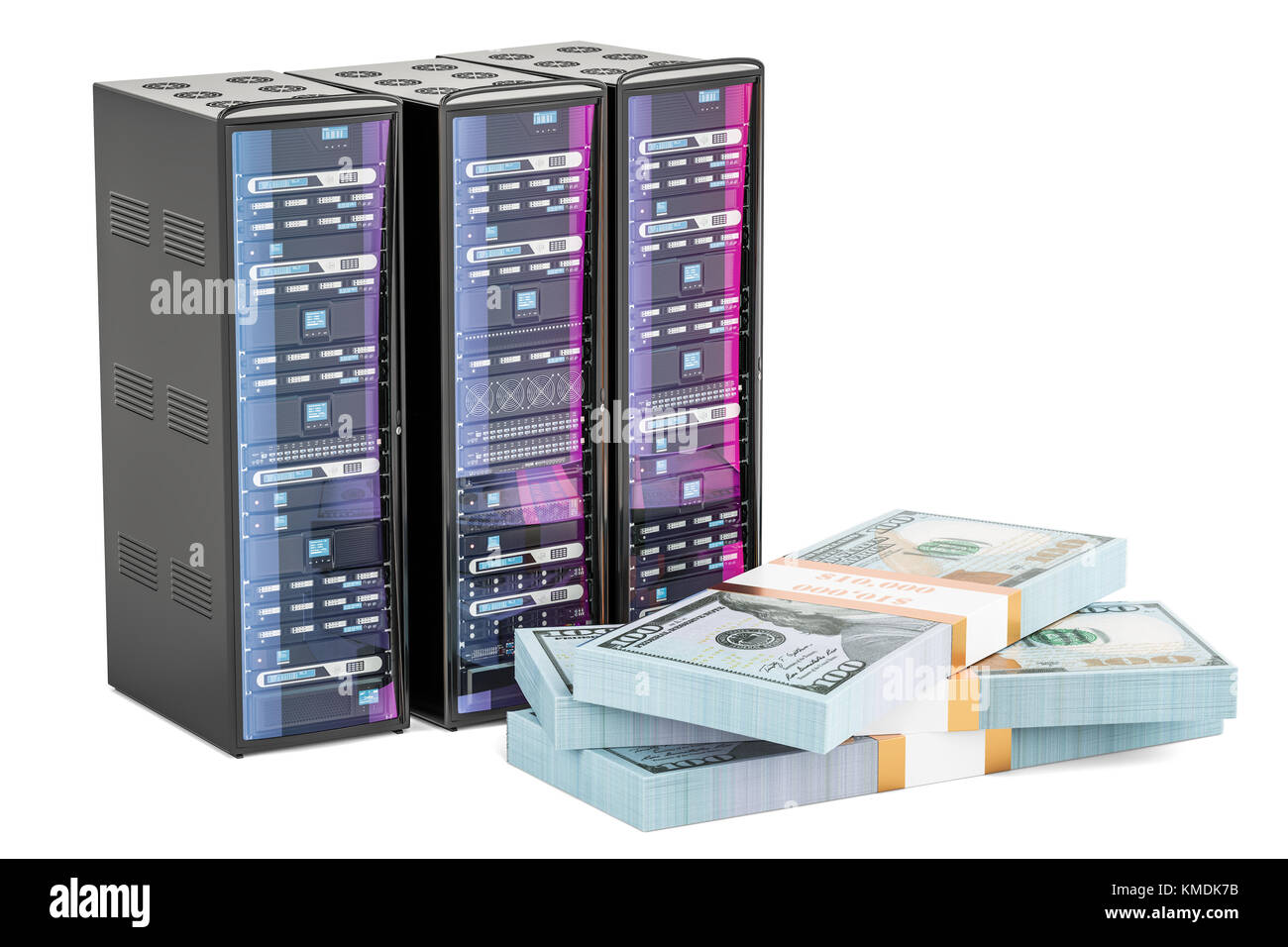 Computer Server Racks mit Dollar packs, e-Business Konzept. 3D-Rendering Stockfoto