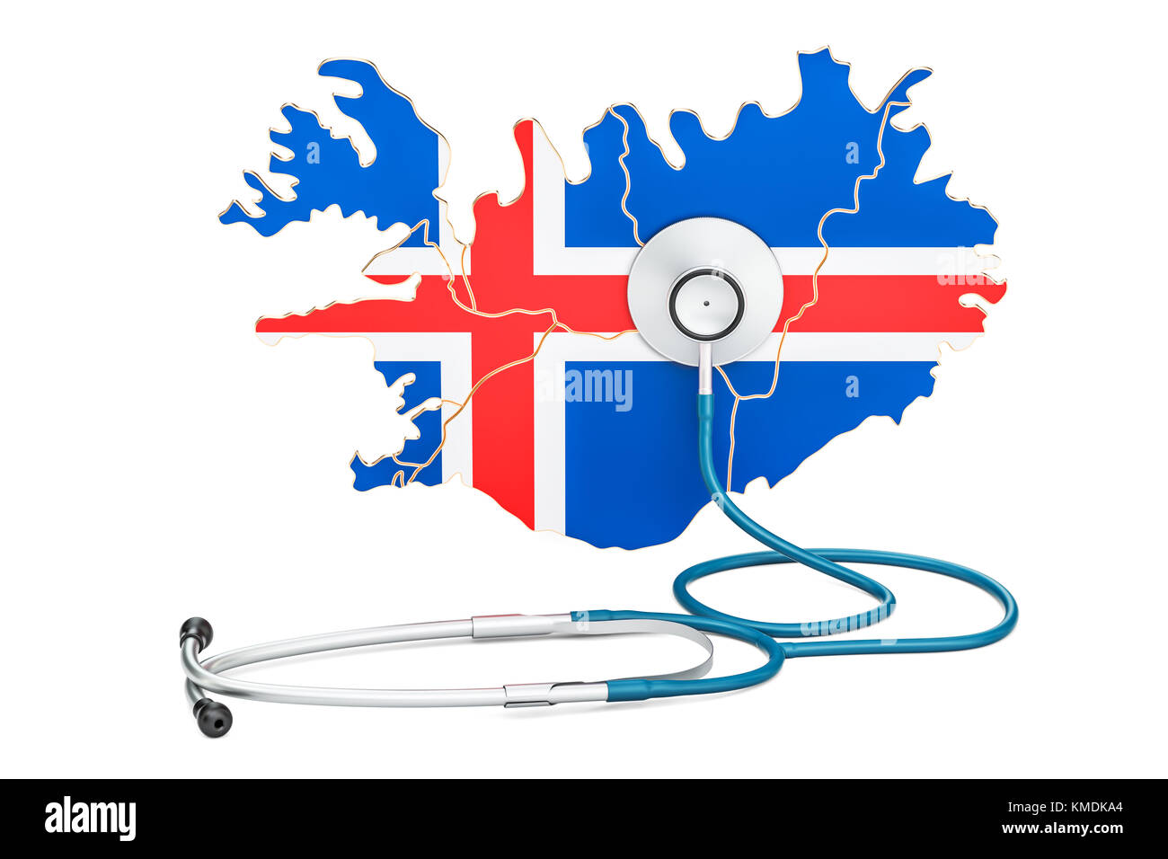 Isländische Karte mit Stethoskop, national Health Care Concept, 3D-Rendering Stockfoto