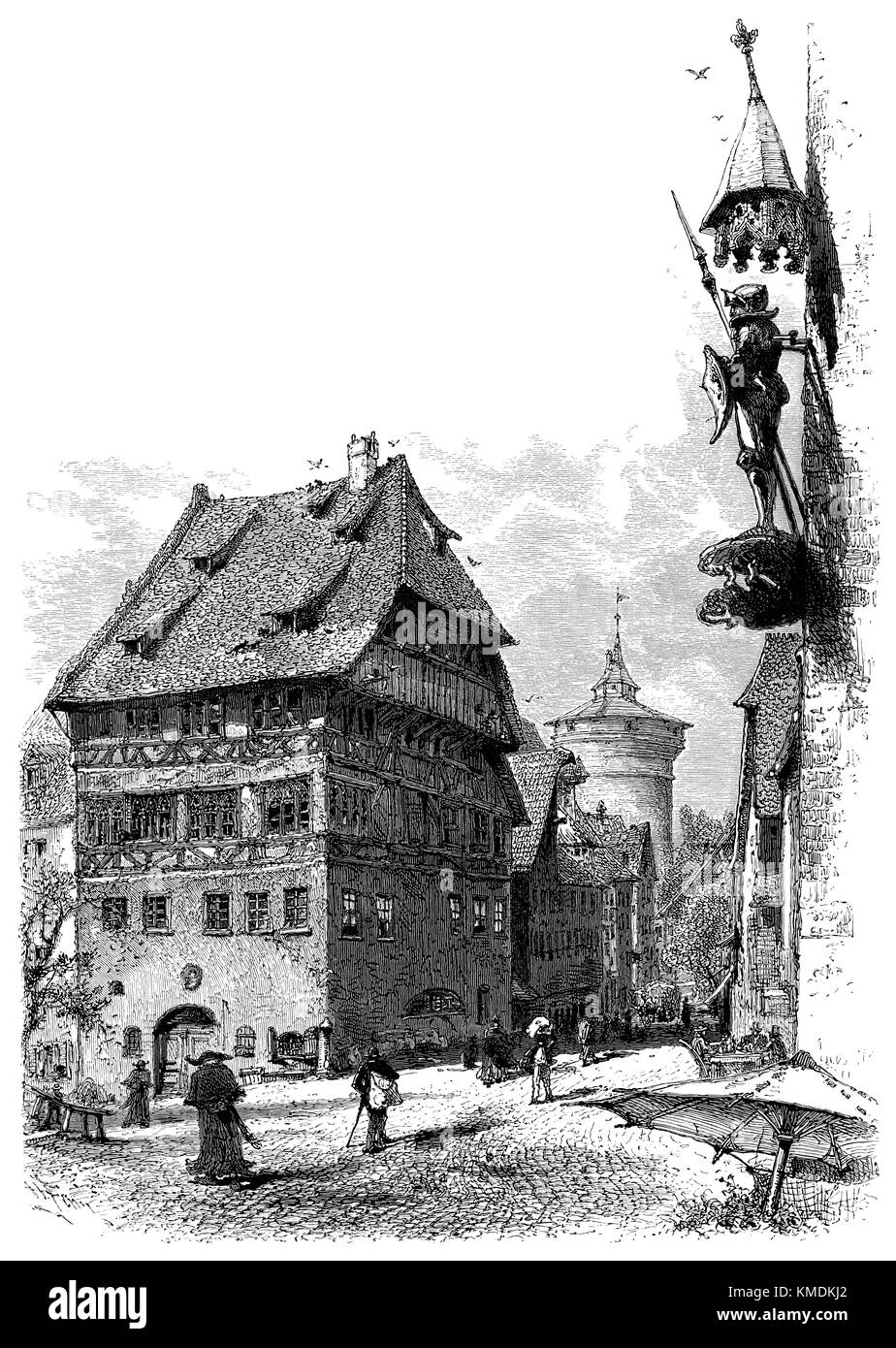 19. jahrhundert Holzstich von Albrecht Dürer Haus in Nürnberg. Von eine Illustration von W.H.J. Boot. Stockfoto