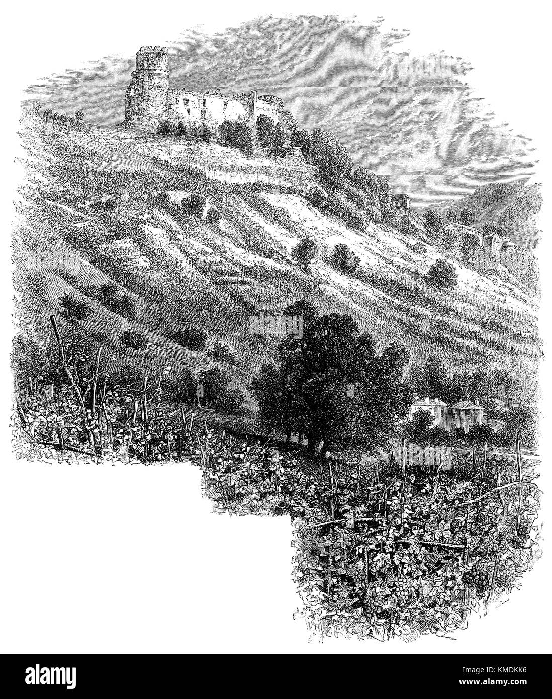 19. jahrhundert Holzstich von Château de Tournoël, eine mittelalterliche Burg in Volvic, Frankreich. Stockfoto