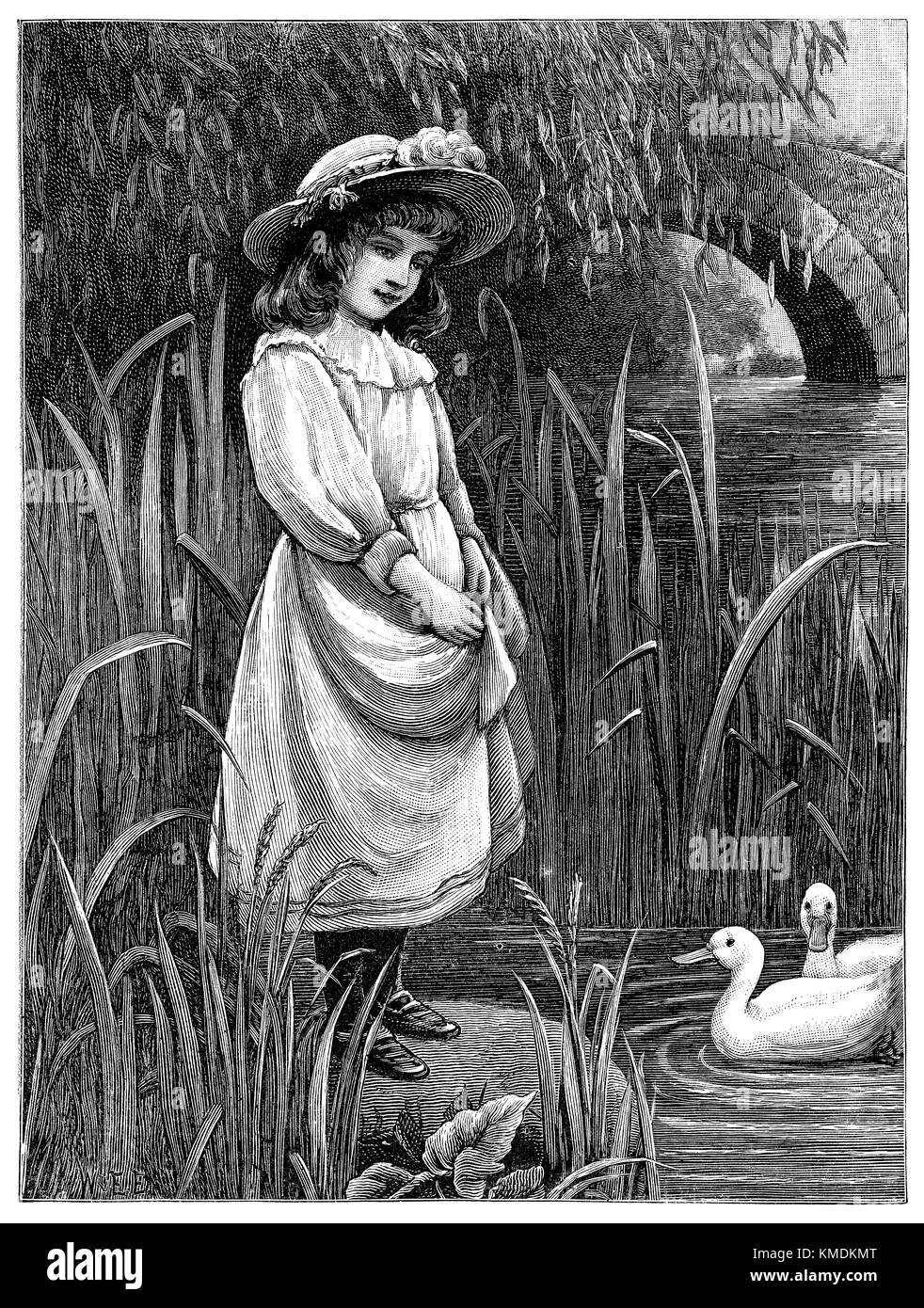 1901 Holzstich eines viktorianischen Mädchen und Enten. Stockfoto