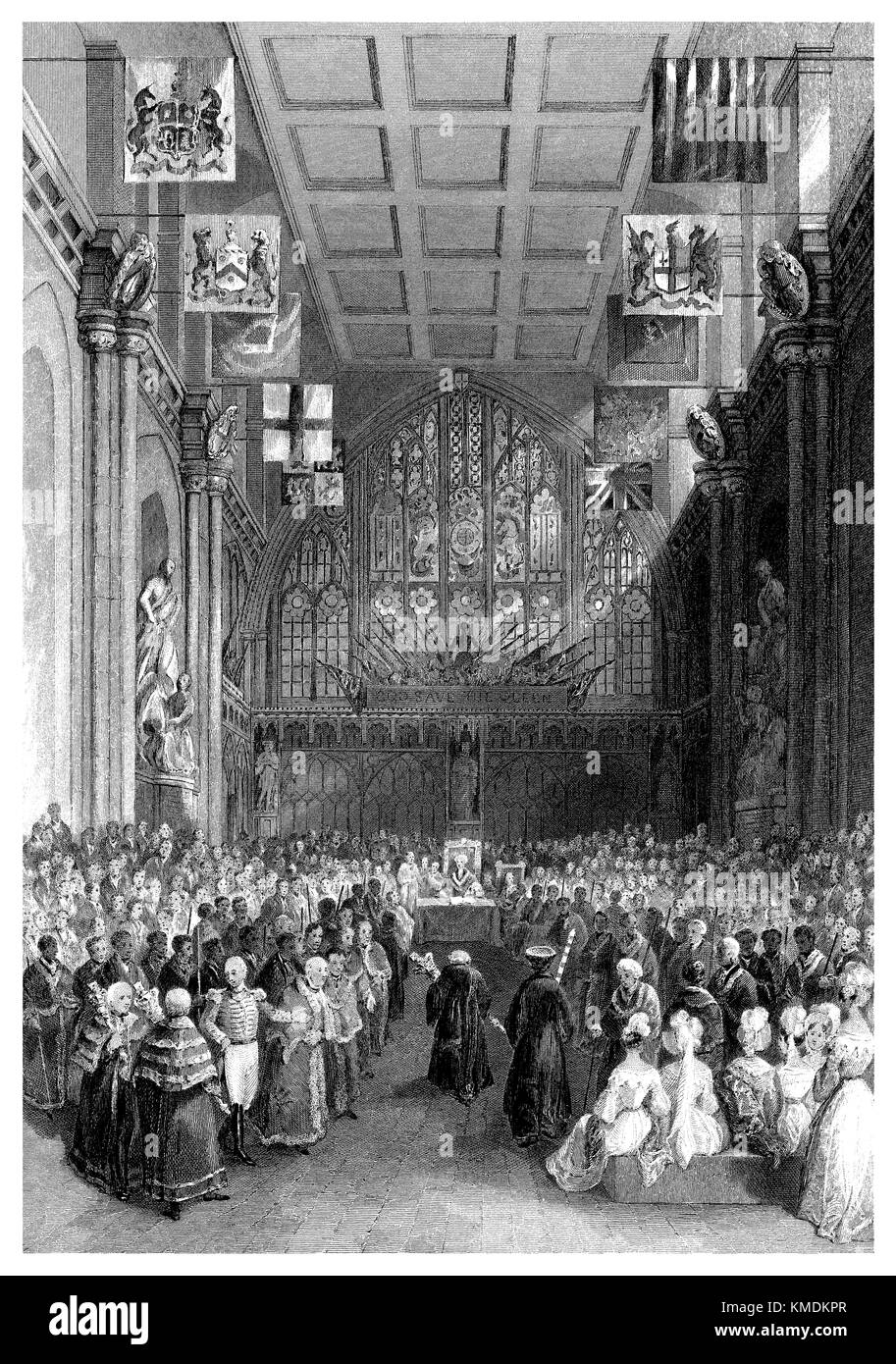 19. jahrhundert Stahlstich aus dem Inneren der Guildhall, London, während der Einweihung des Herrn Bürgermeister von London. Stockfoto