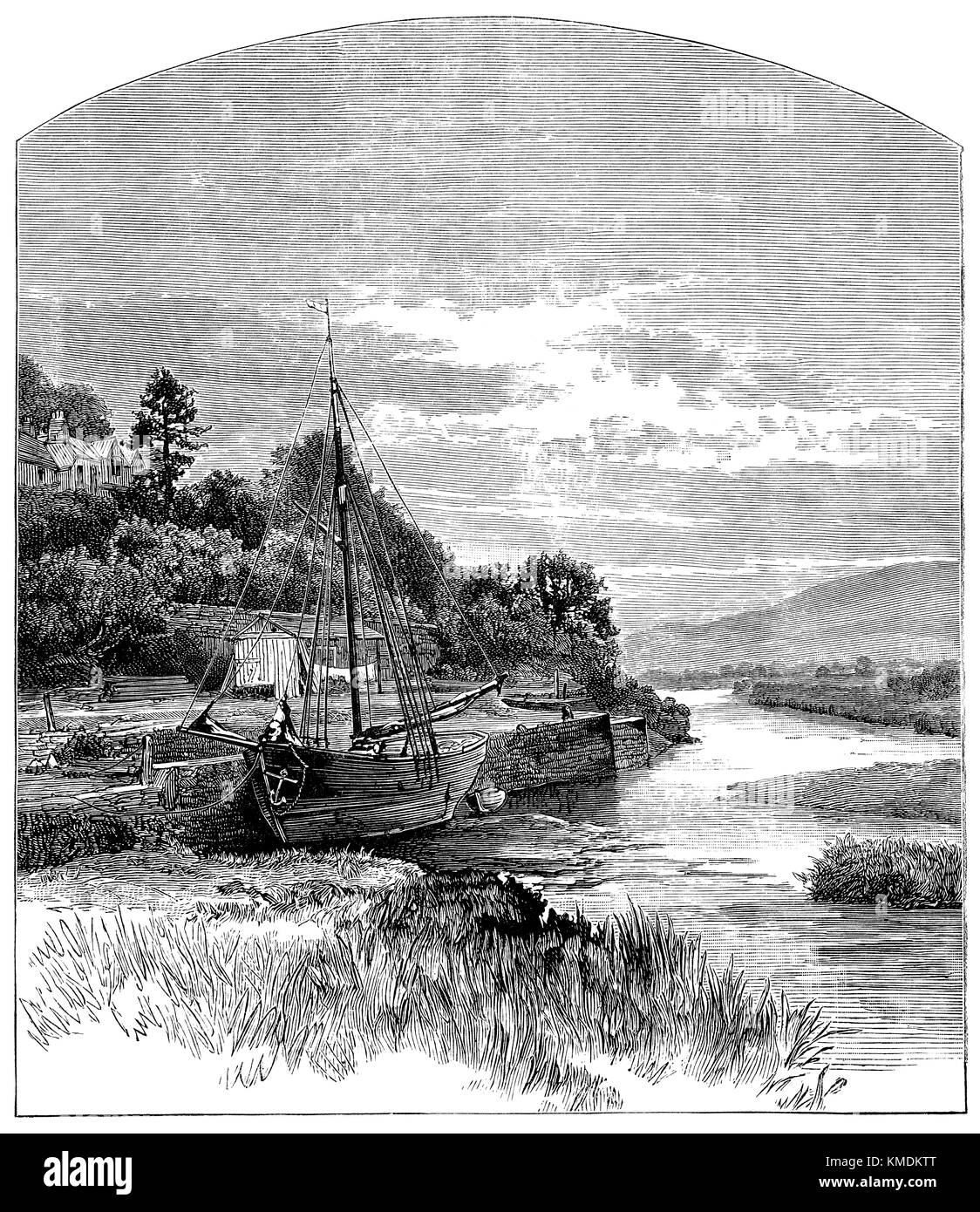 1901 Gravur des Kais an Trefriw auf dem Fluss Conwy in Nordwales. Stockfoto