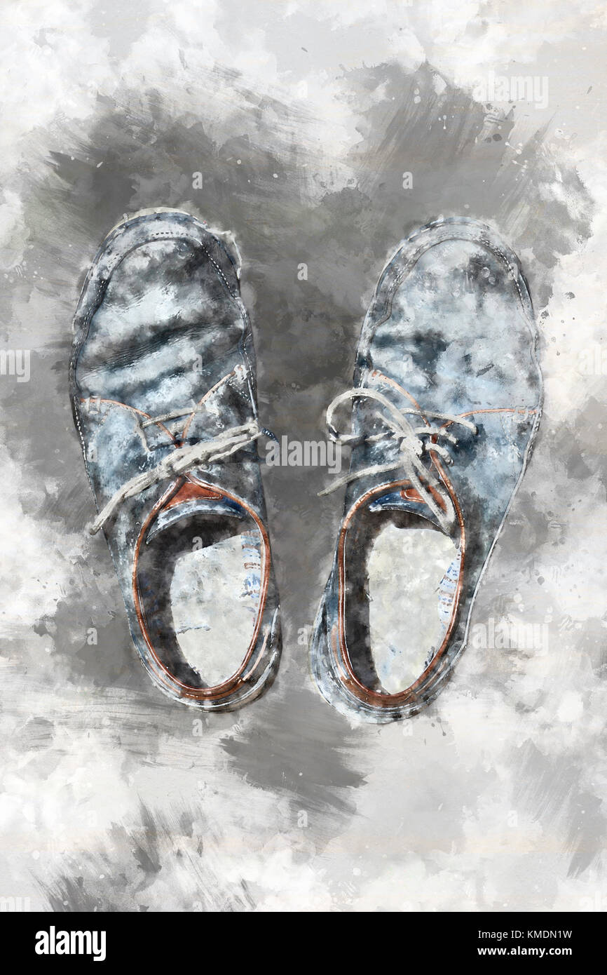 Malerische Abbildung: ein paar alte blau-grau Leder-Schnürschuh Stockfoto