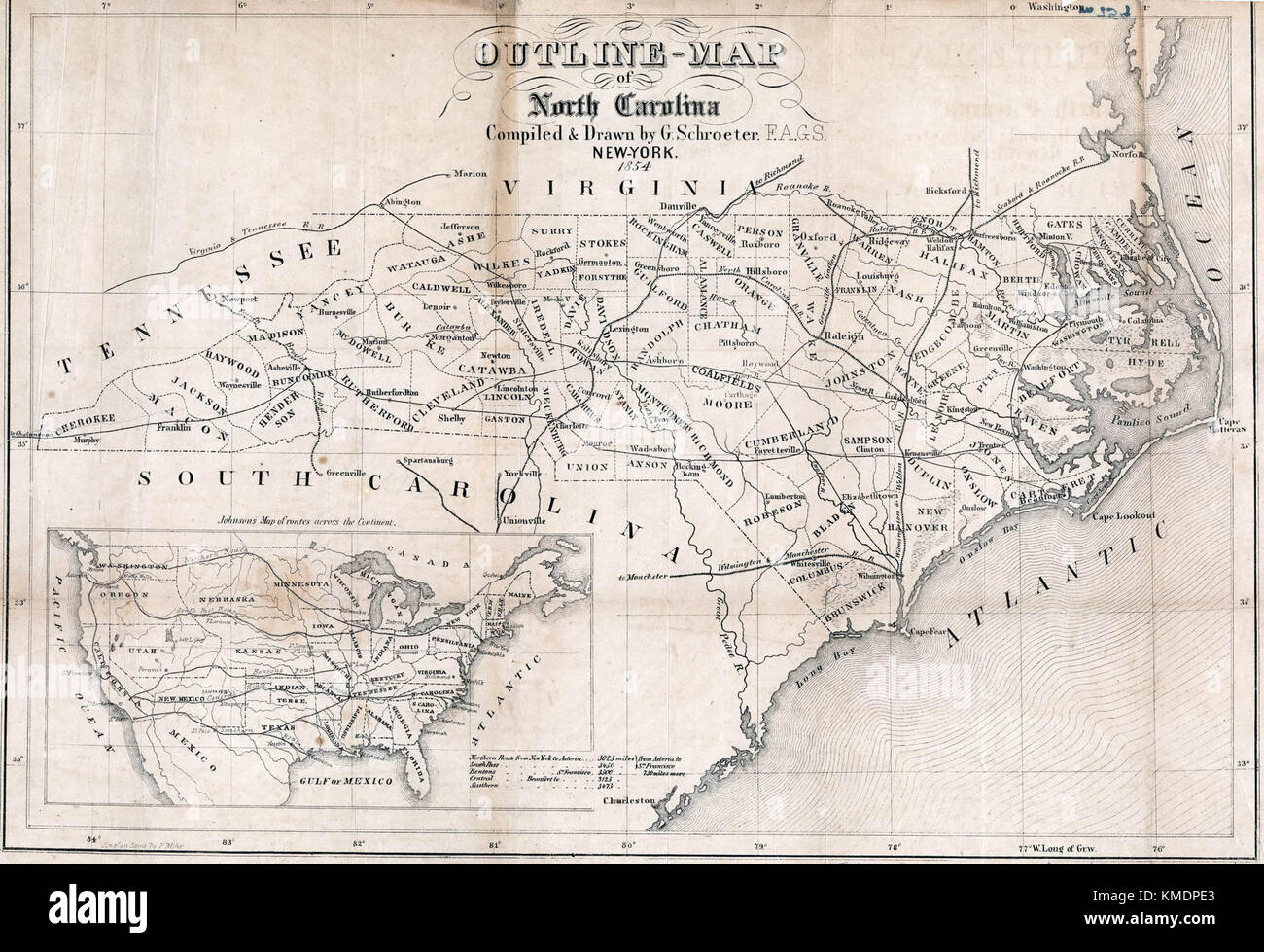 Karte der Straßen und Eisenbahnen von North Carolina, 1854 Stockfoto