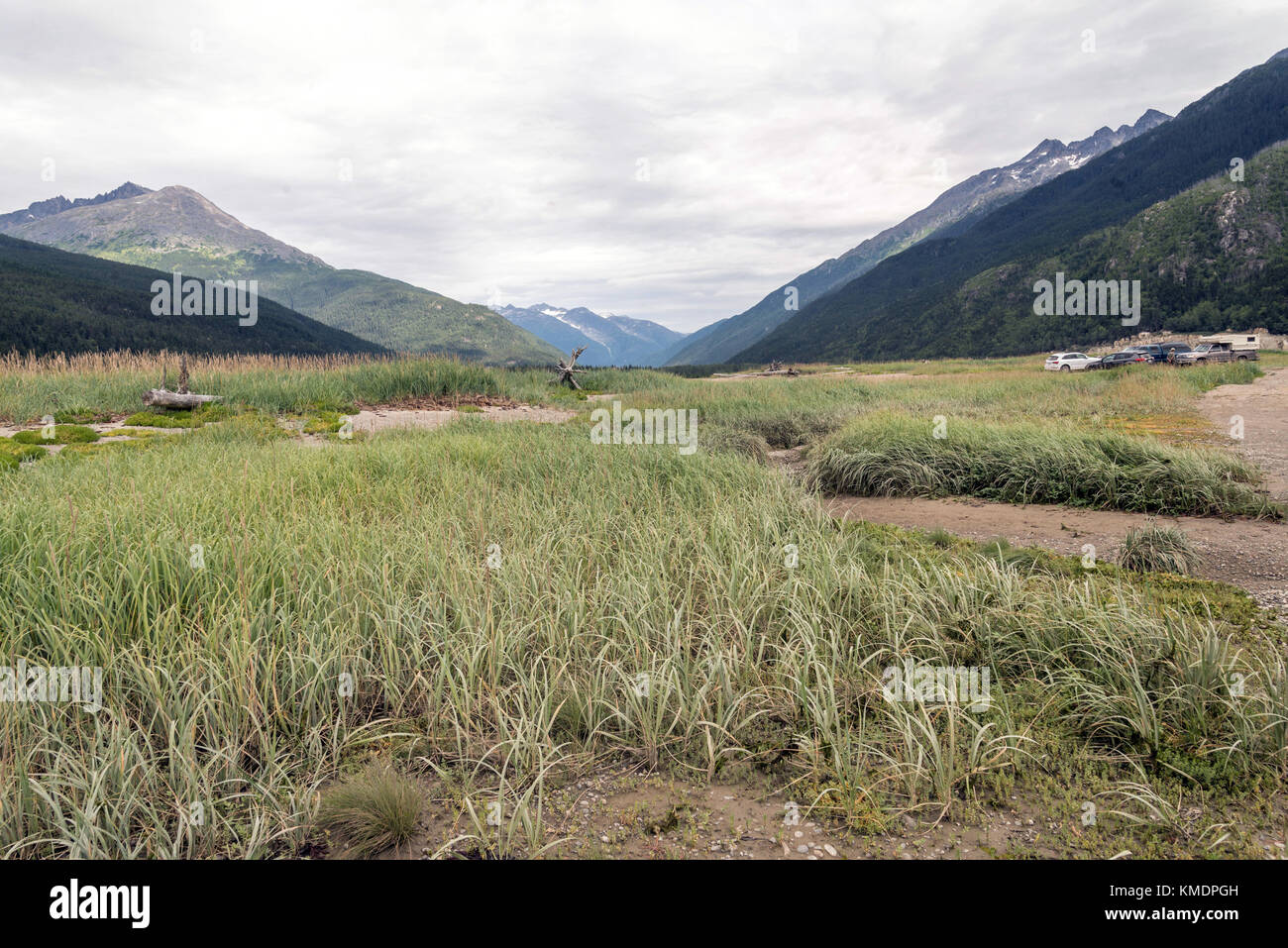 Landschaft Alaskas mit Campingfahrzeugen Stockfoto