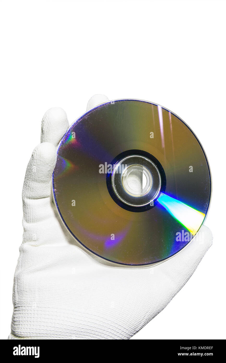 Hand in einem weißen Handschuh halten Sie die Compact Disc cd Stockfoto