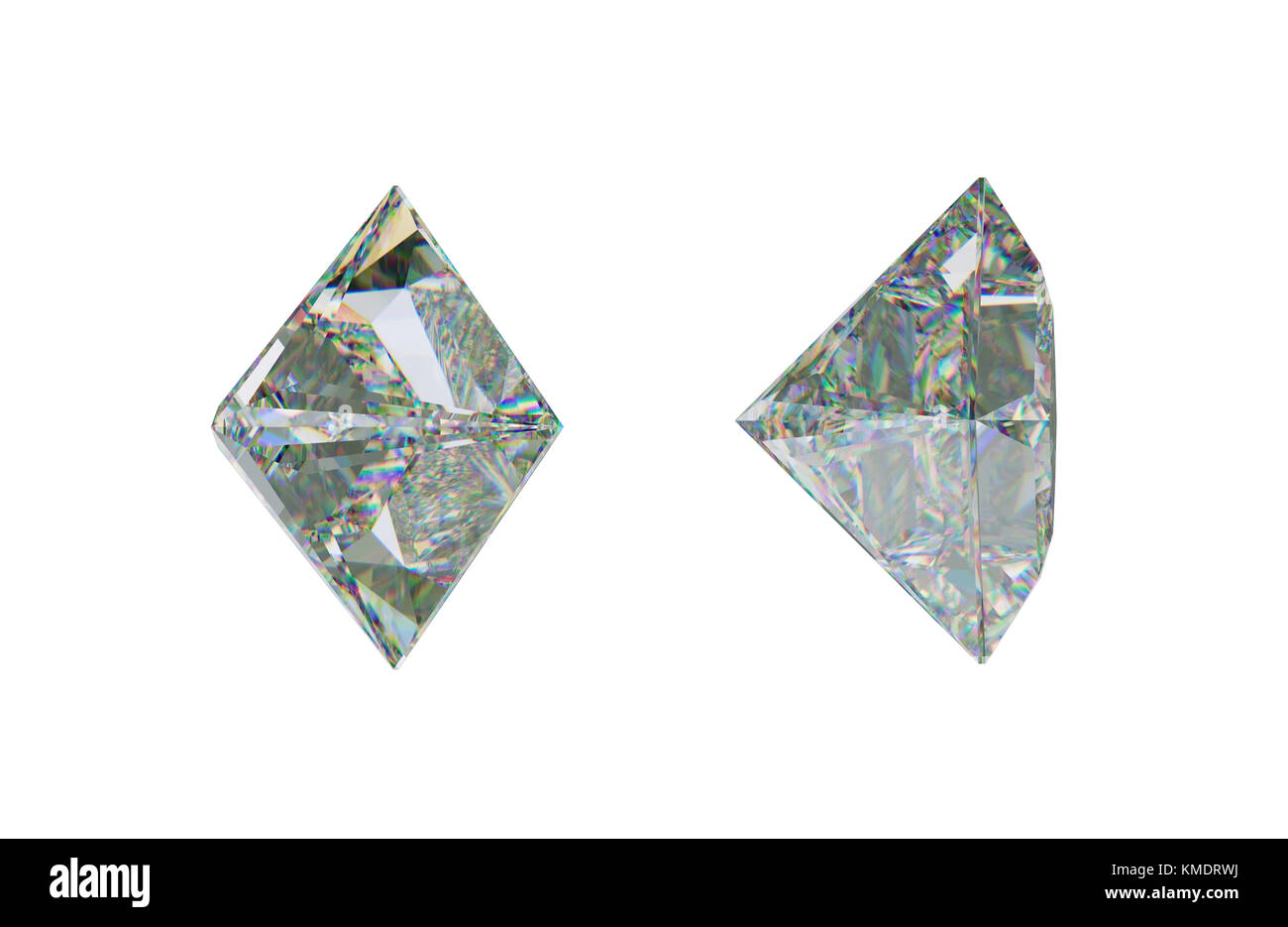 Blick auf Prinzessinnen geschliffene Diamanten oder Edelsteine auf weiß. 3D-Rendering, 3D-Abbildung Stockfoto