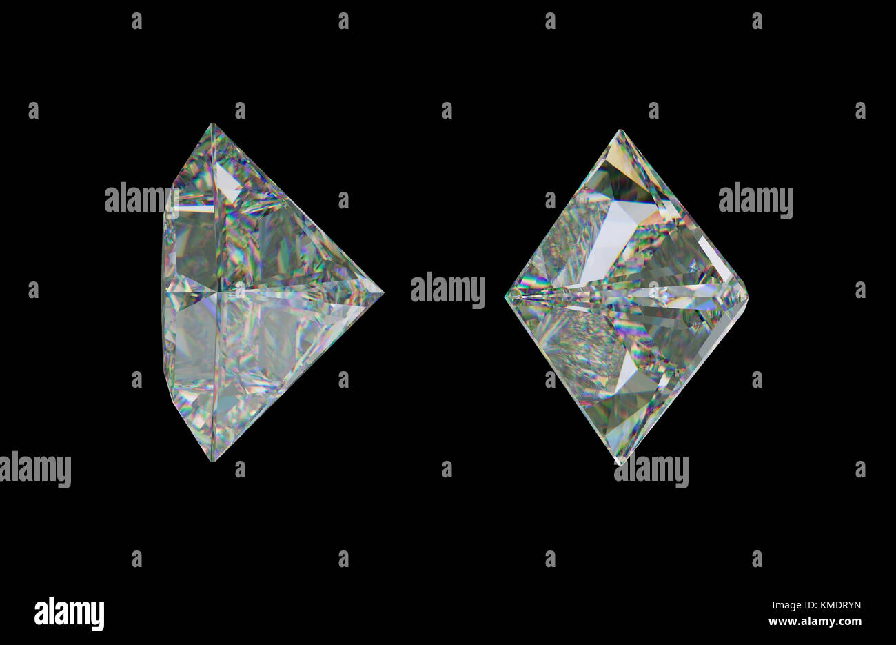 SDE-Ansichten von Prinzessinnen geschliffenen Diamanten oder Edelsteinen auf Schwarz. 3D-Rendering, 3D-Abbildung Stockfoto