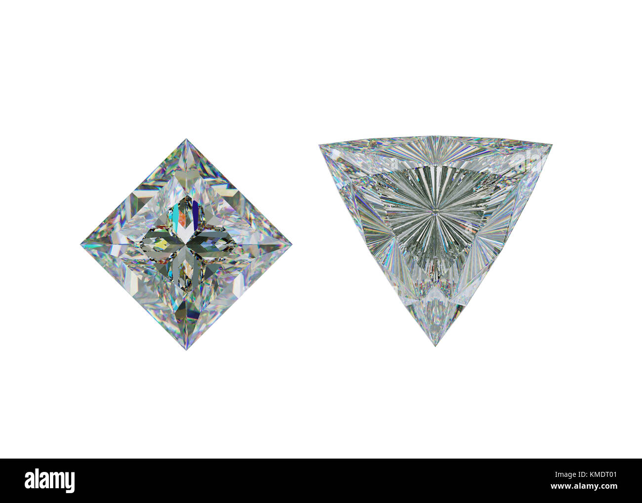 Blick von oben auf Billionen und Prinzessinnen geschliffene Diamanten oder Edelsteine auf weiß. 3D-Abbildung, 3D-Rendering Stockfoto