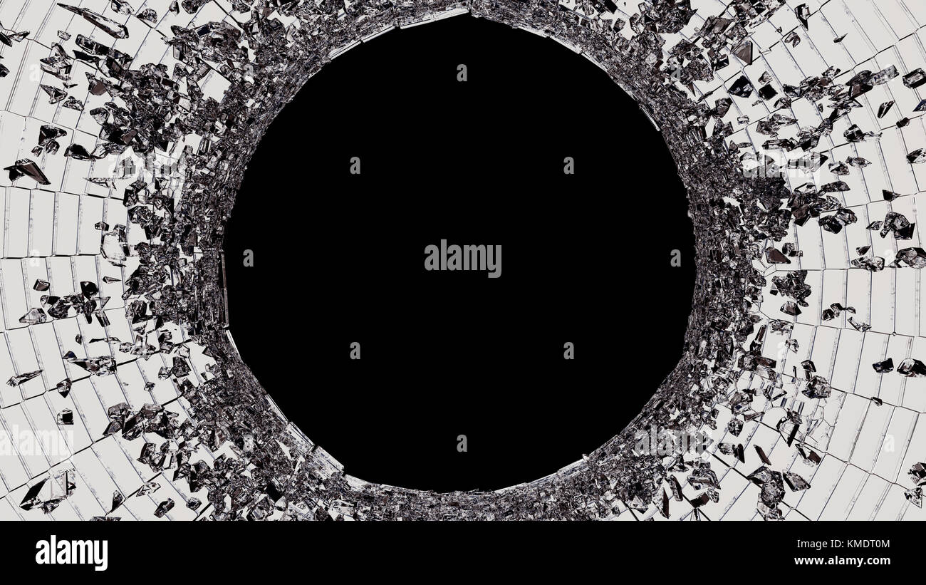 Gebrochene Shattered Glas isoliert: Vandalismus. auf schwarzem Hintergrund Stockfoto