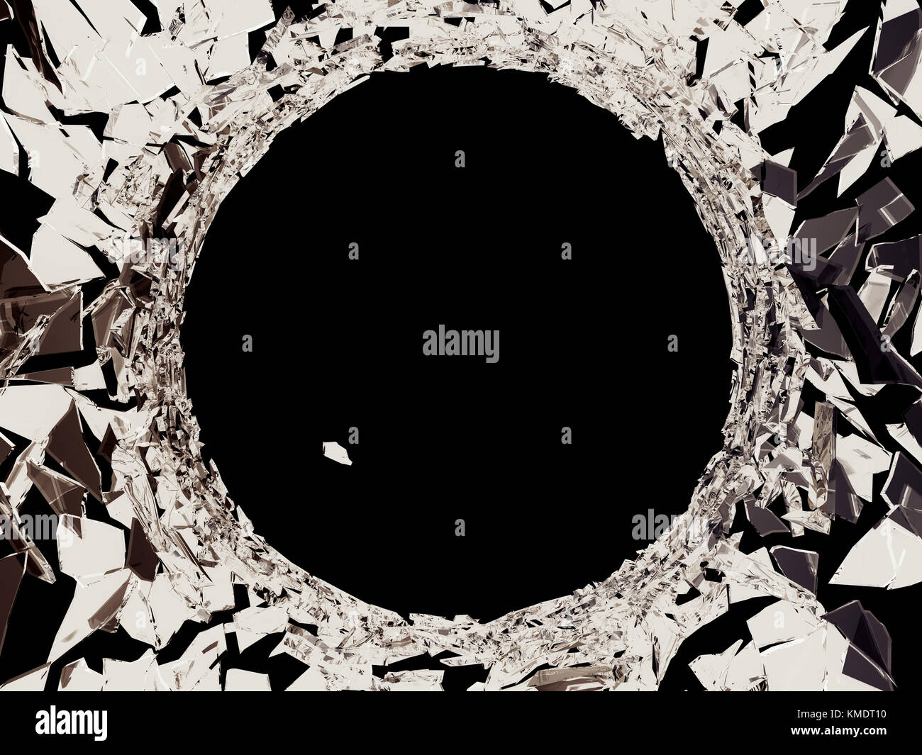 Bullet hole und scharfe Teile der Shattered Glas auf Schwarz Stockfoto