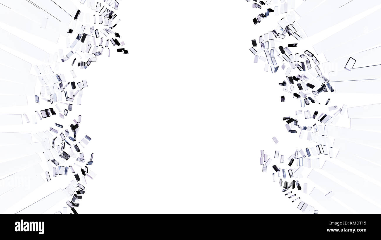 Beschädigung und Vandalismus: Stücke von Shattered Glas auf Weiß Stockfoto