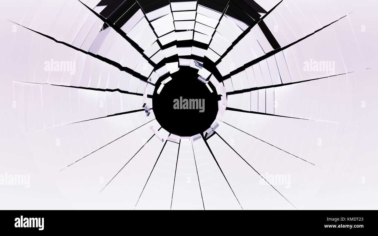 Loch und Stücke von Shattered Glas auf Schwarz isoliert. Groß Stockfoto