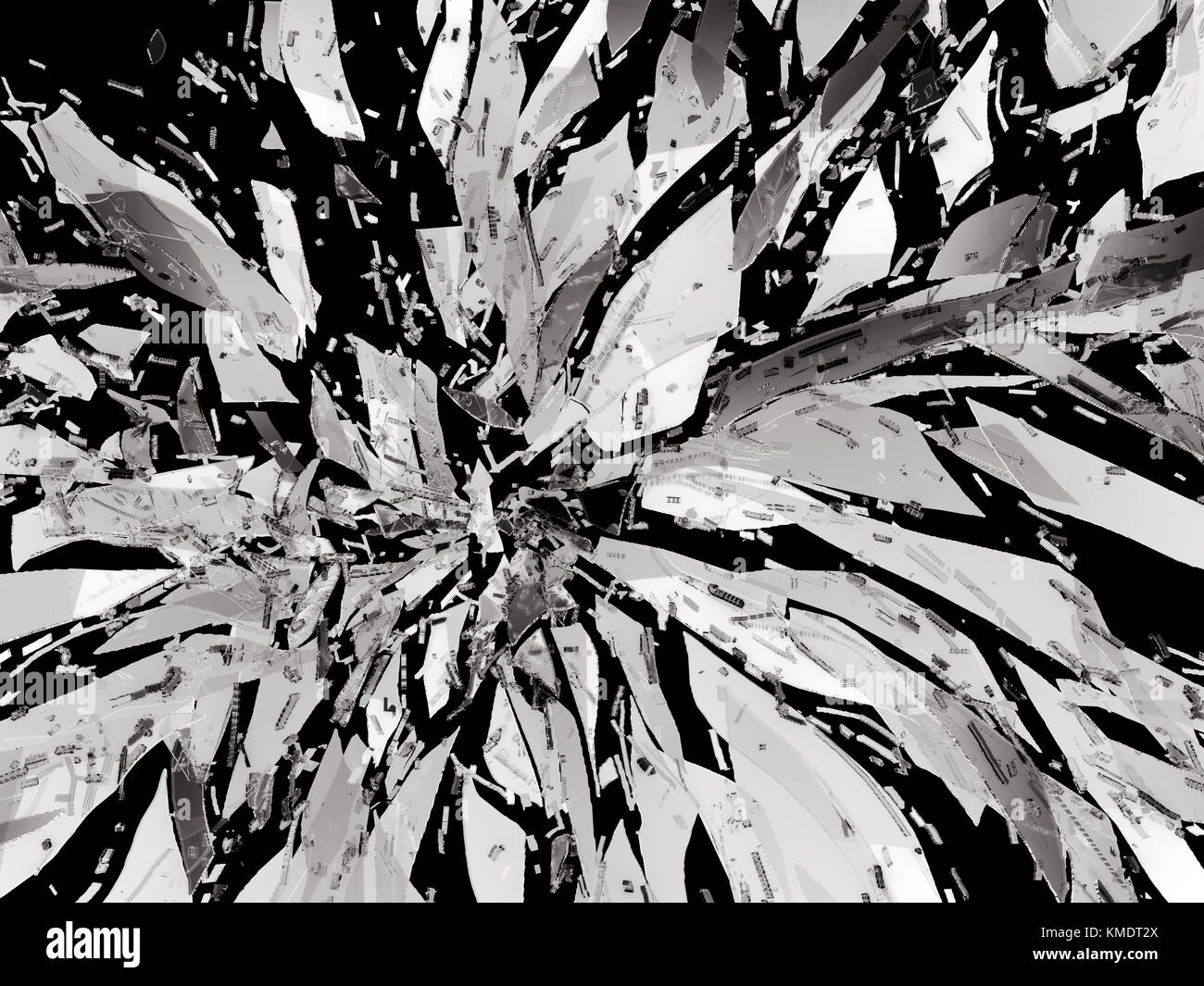 Teile der zerstörten Rückgratknochen Shattered Glas auf Schwarz Stockfoto