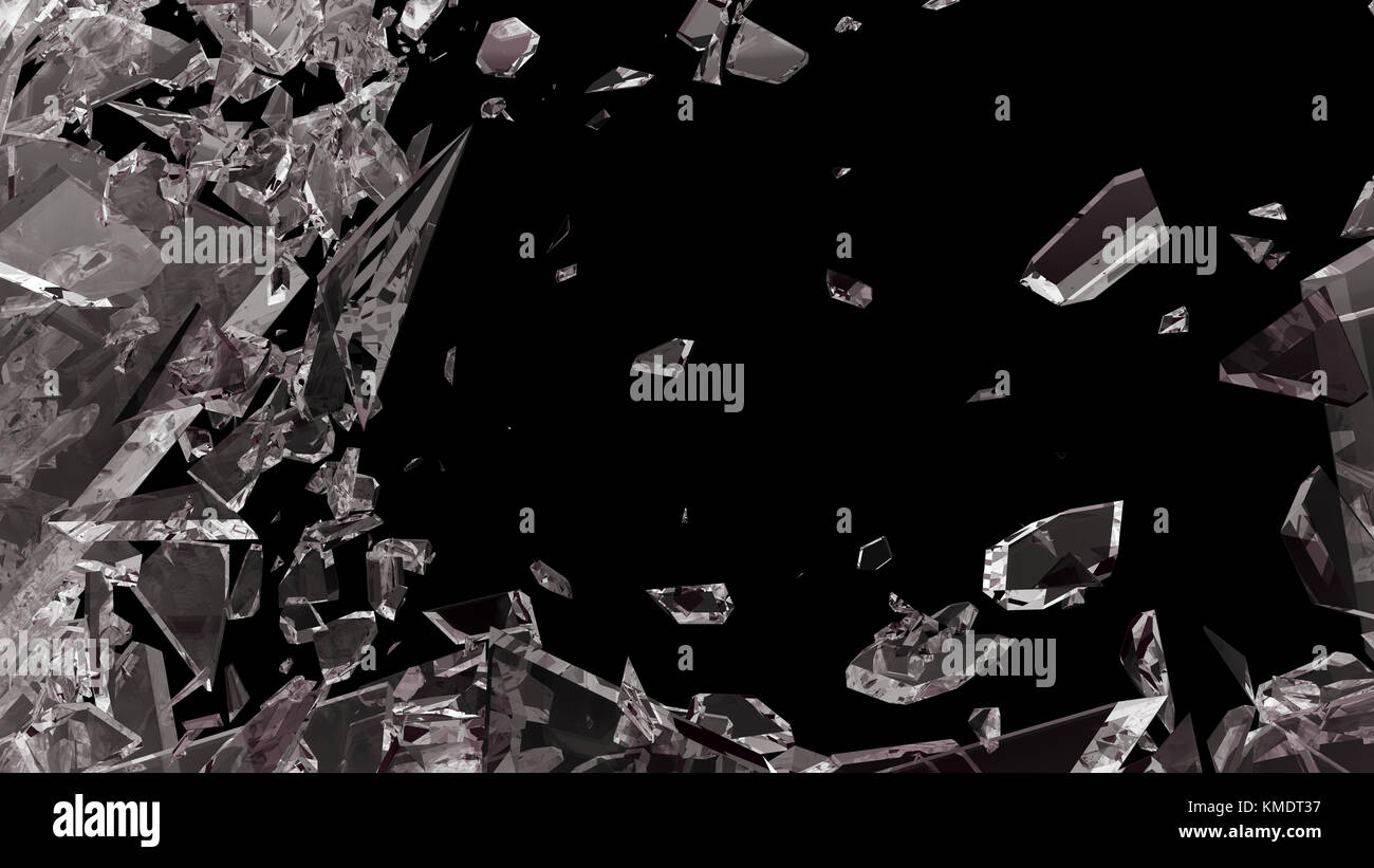 Stücke von Shattered Glas auf Schwarz isoliert. Groß Stockfoto