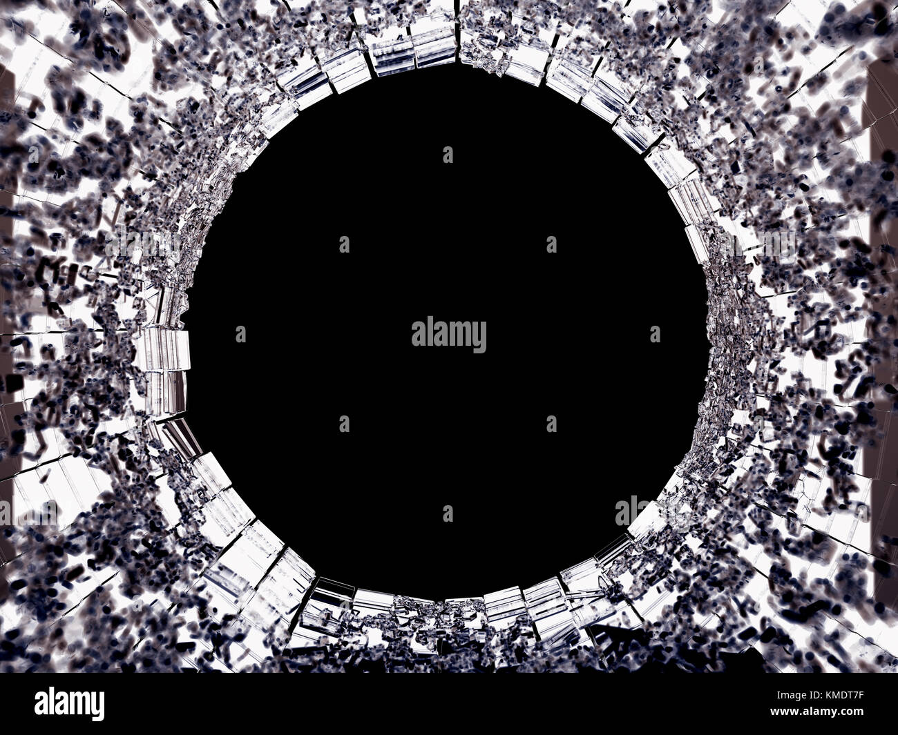 Gebrochene Shattered Glas schwarz isoliert: Vandalismus. auf schwarzem Hintergrund Stockfoto
