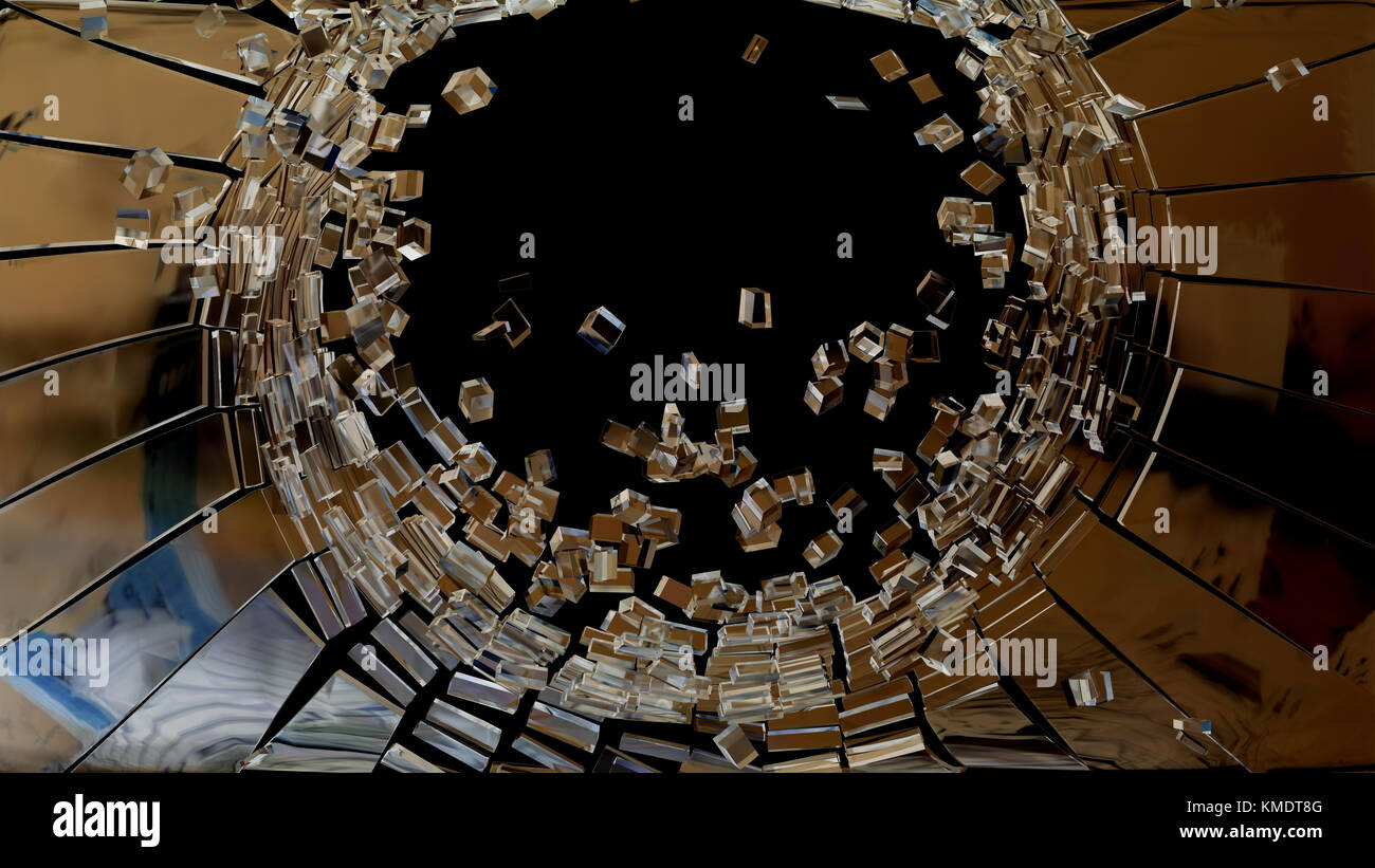 Abriss: Stücke von cubic Shattered Glas auf Schwarz Stockfoto