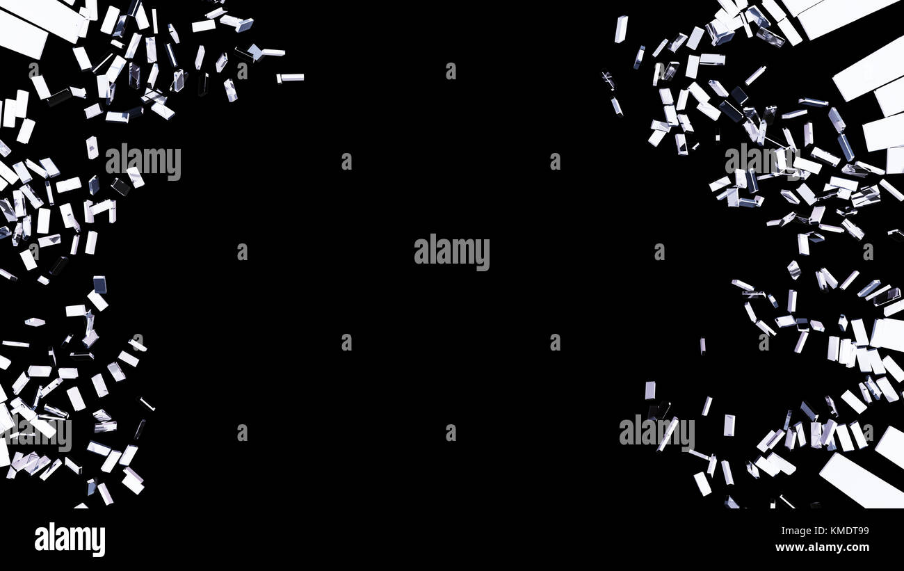 Zerstörung: Stücke von kubischen Shattered Glas isoliert auf Schwarz Stockfoto