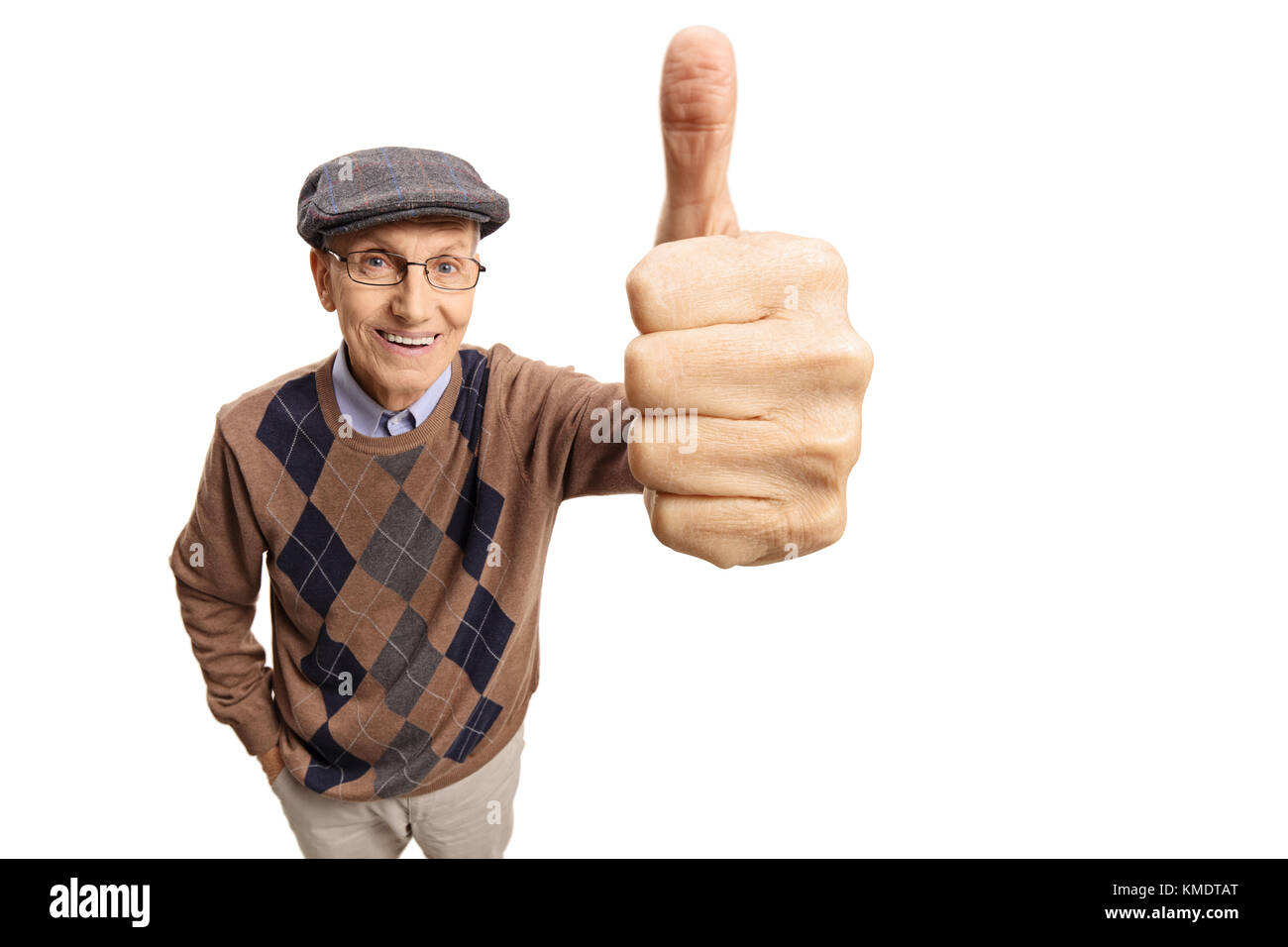 Senior, ein "Daumen hoch" Geste auf weißem Hintergrund Stockfoto