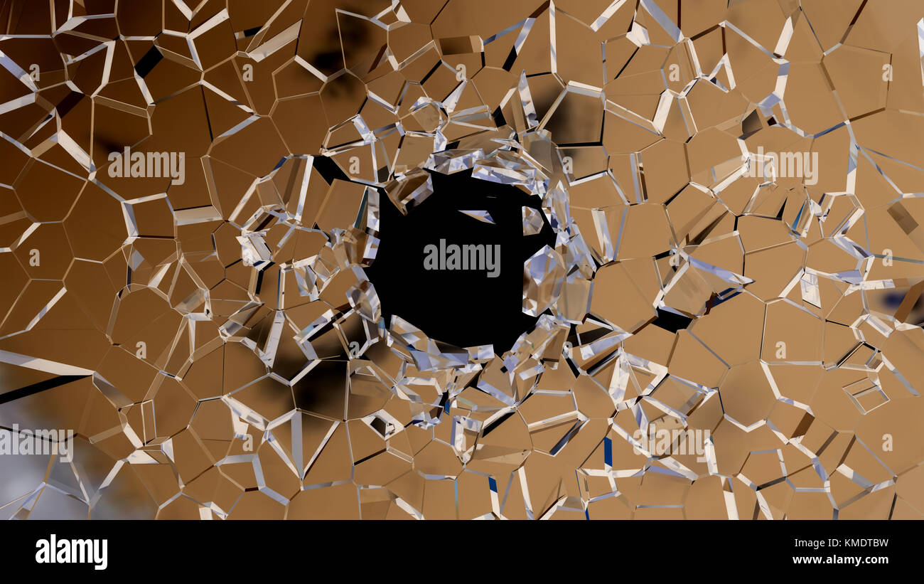 Scharfe Teile der Shattered Glas und Bohrung auf Schwarz Stockfoto