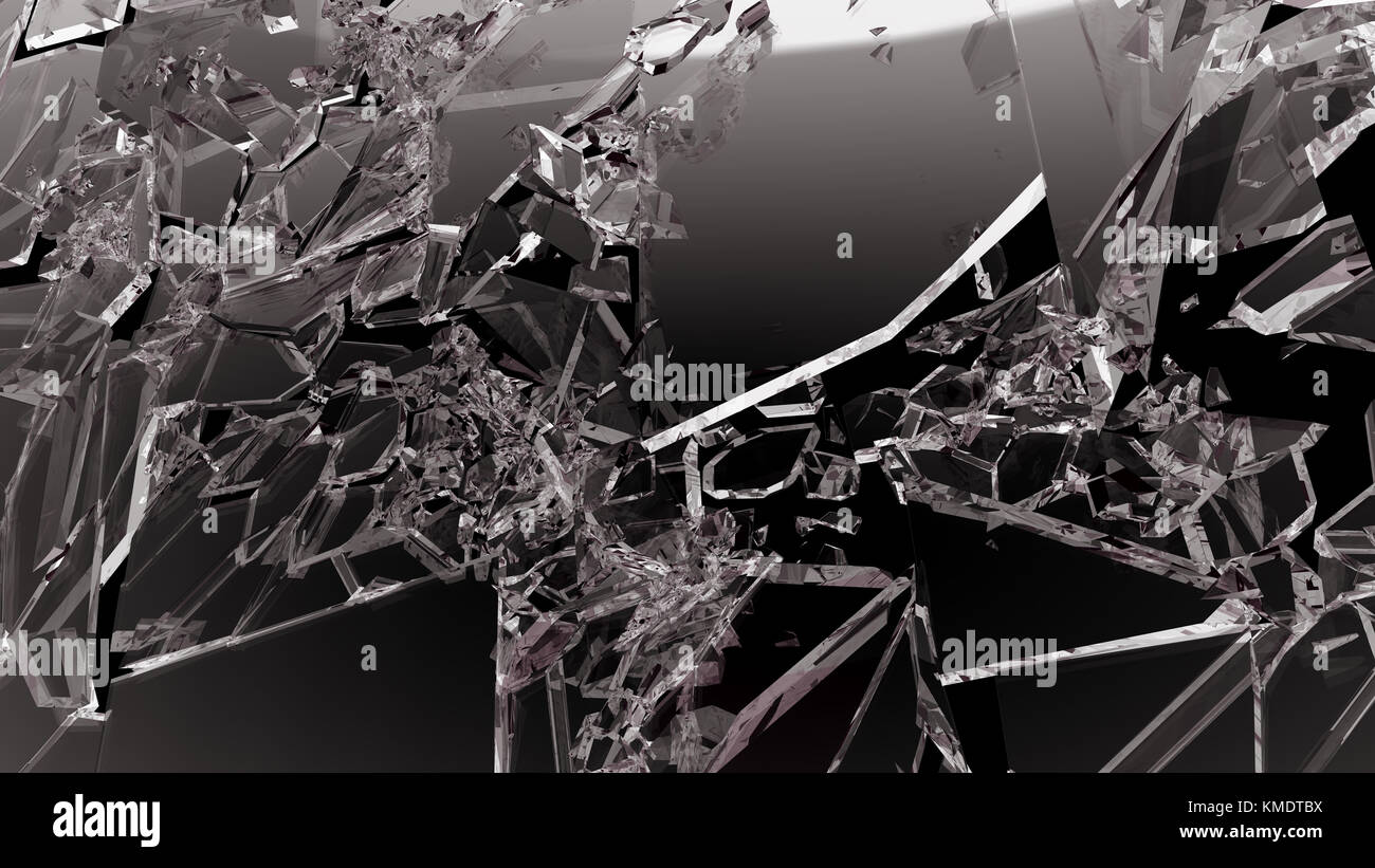 Scharfe Teile der Shattered Glas auf Schwarz isoliert. Groß Stockfoto