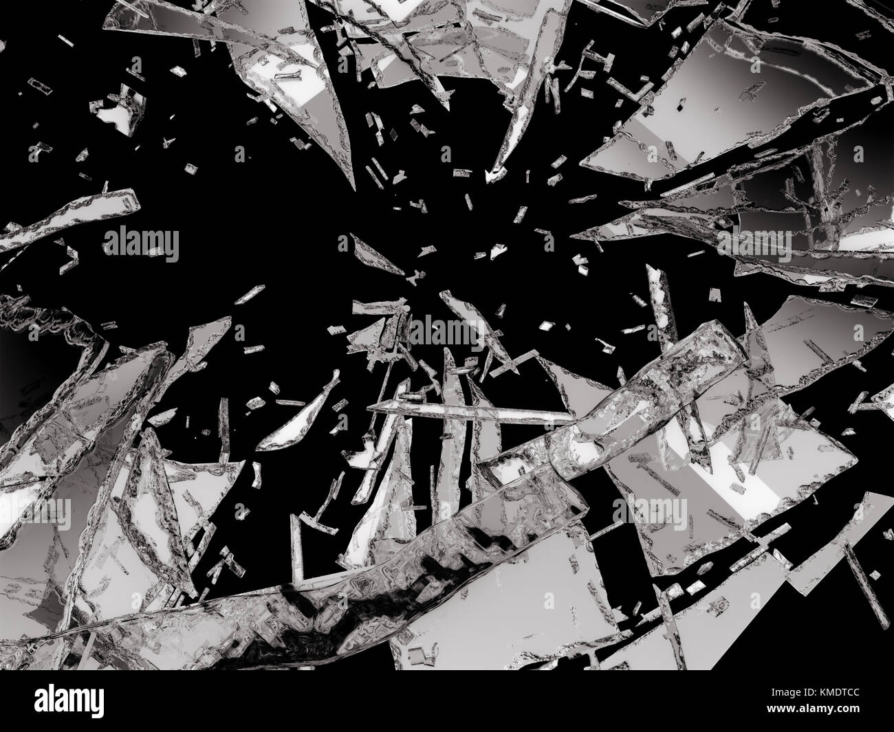 Erschüttert und Stücke von Glas isoliert auf Schwarz beschädigt Stockfoto