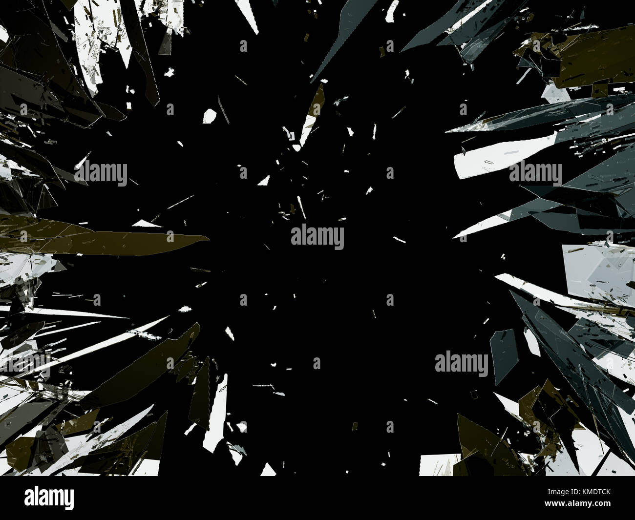 Shattered Glas auf schwarzem Hintergrund isoliert. zerstörte Teile Stockfoto