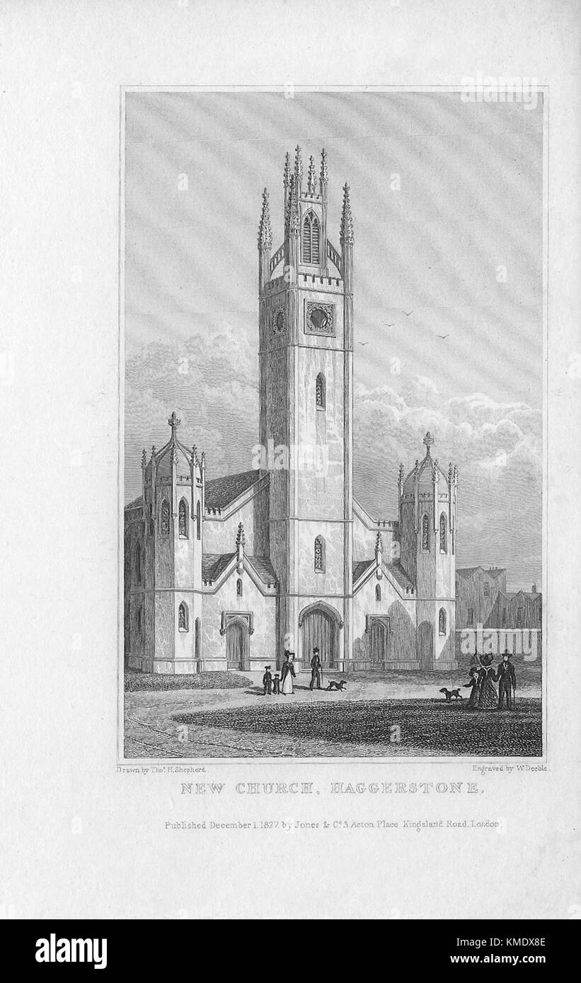 Neue Kirche, Haggerstone, Gravur 'Metropolitan Verbesserungen oder London im 19. Jahrhundert", London, England, Großbritannien 1828 Stockfoto