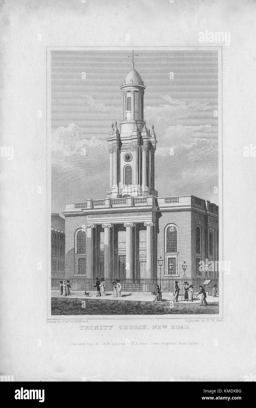 Die Trinity Church, New Road, Gravur 'Metropolitan Verbesserungen oder London im 19. Jahrhundert", London, England, Großbritannien 1828 Stockfoto