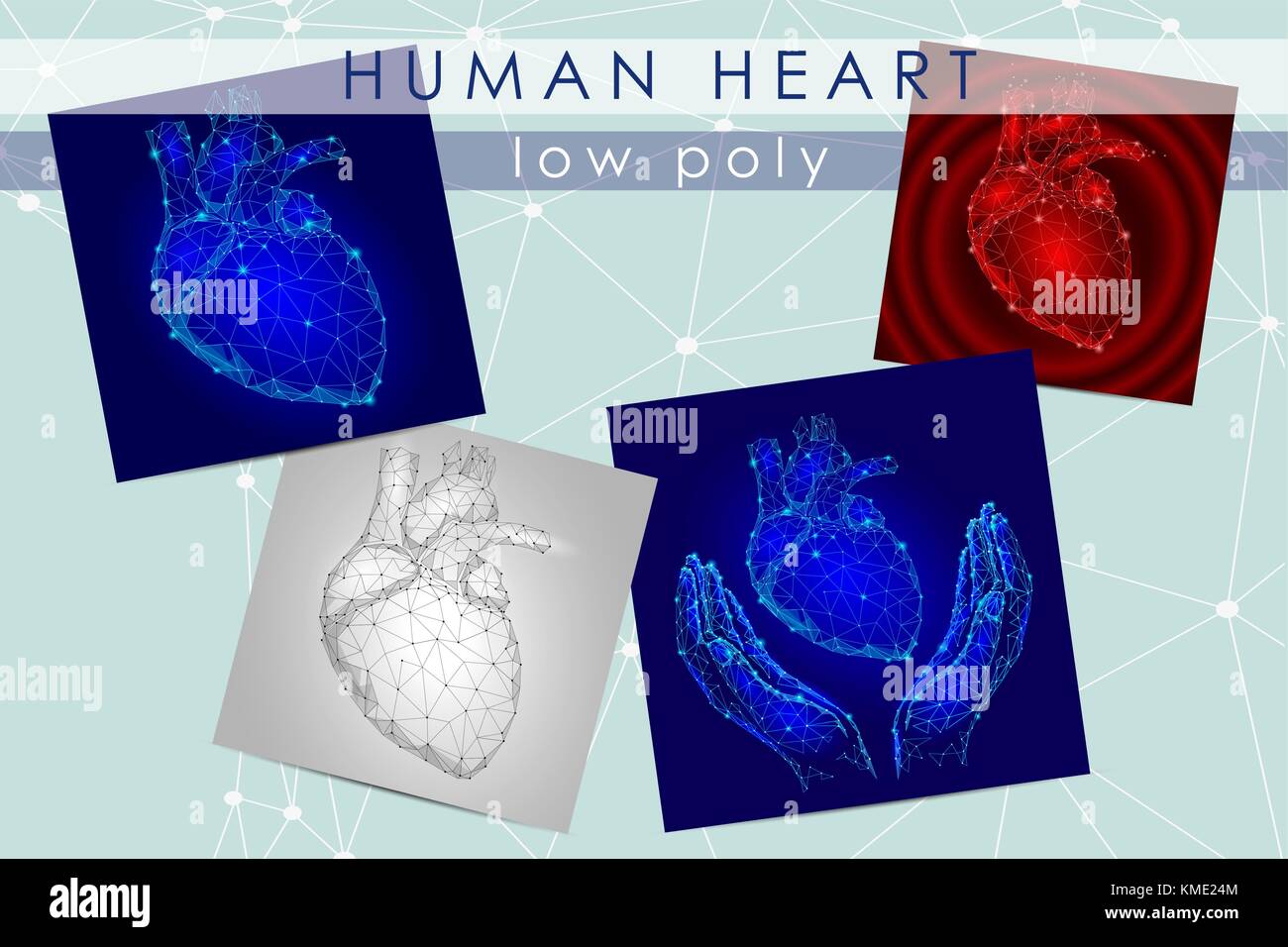 Menschliche Herz Low Poly Medizin Wissenschaft Abbildung. internen Organ anatomische Schmerzen heilen Konzept. Hilfe Herz Holding in den Händen Vektor polygonalen geometrische Point Line Stock Vektor