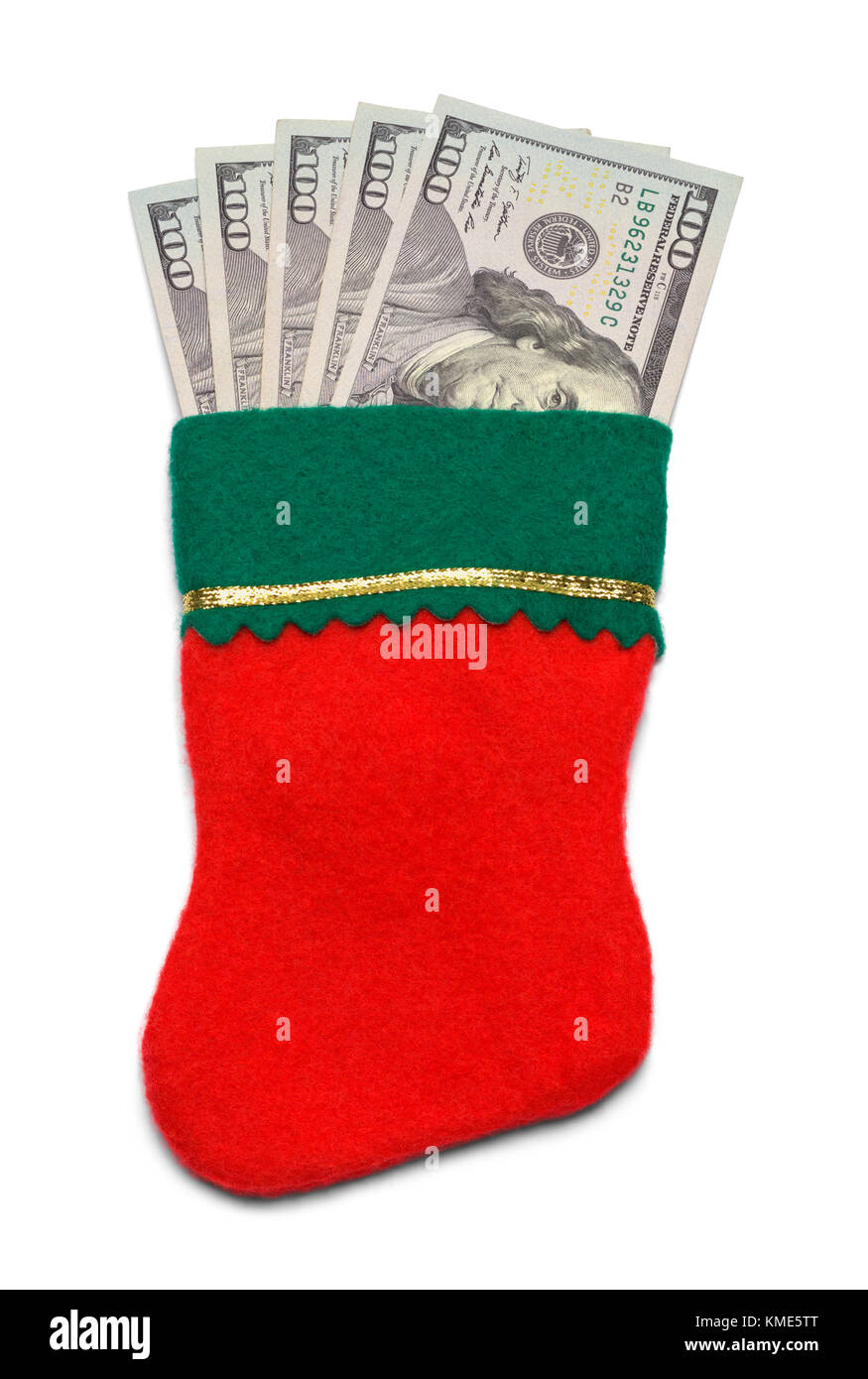 Weihnachtsstrumpf mit Bargeld isoliert auf einem weißen Hintergrund. Stockfoto