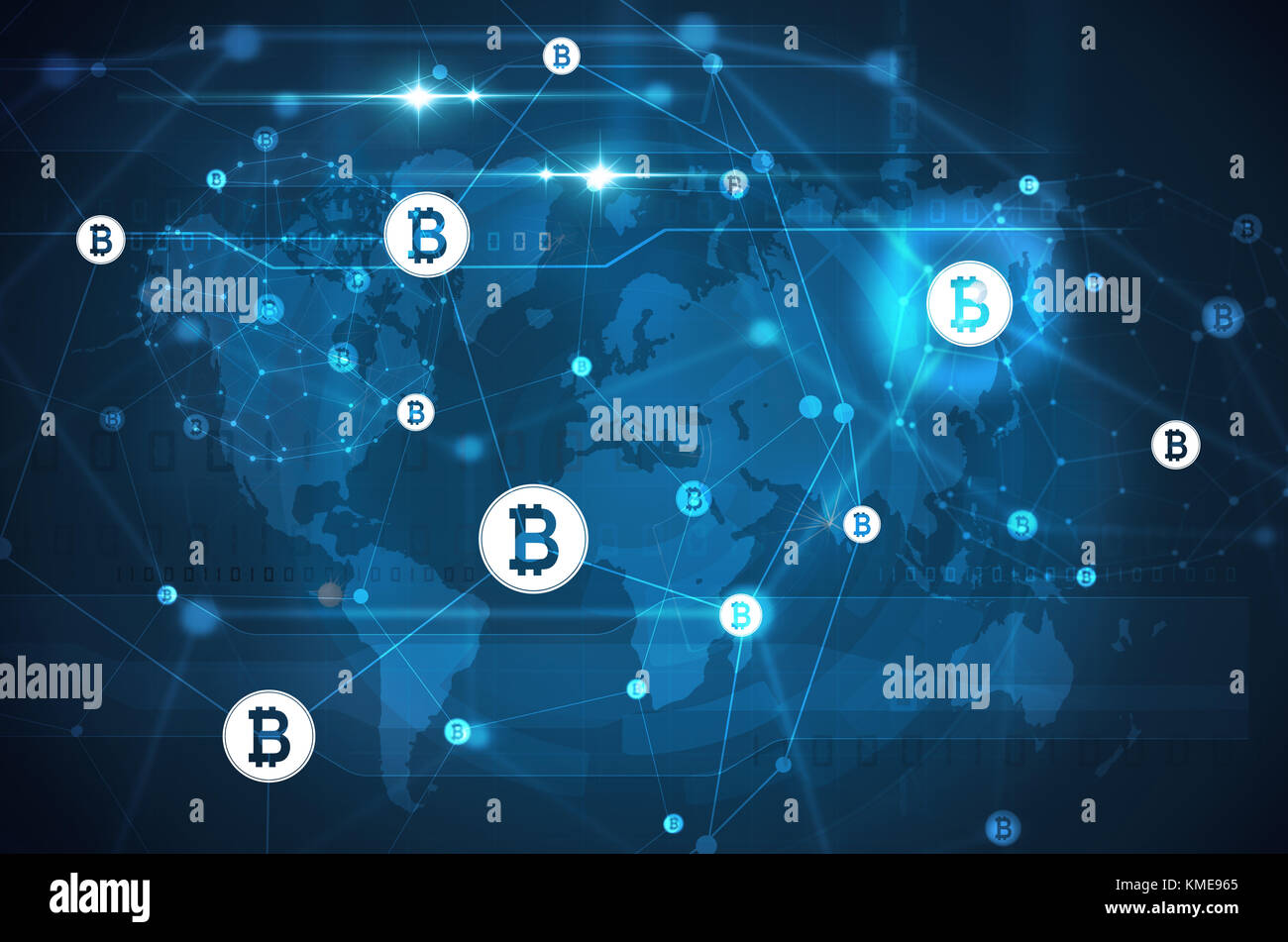 Bitcoin Netzwerk mit Weltkarte Stockfoto