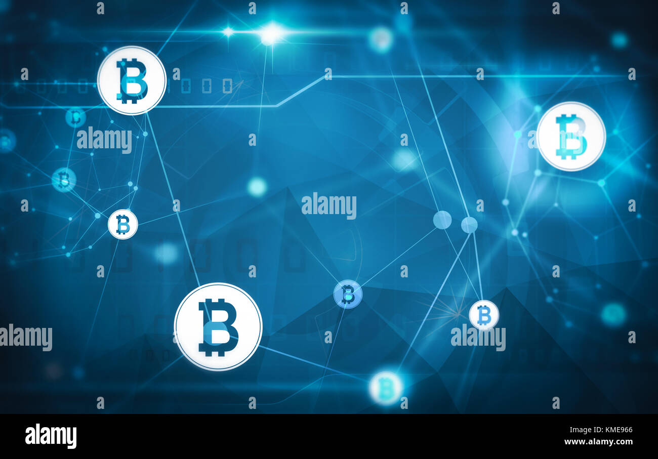 Bitcoin Netzwerk auf blauem Hintergrund Stockfoto