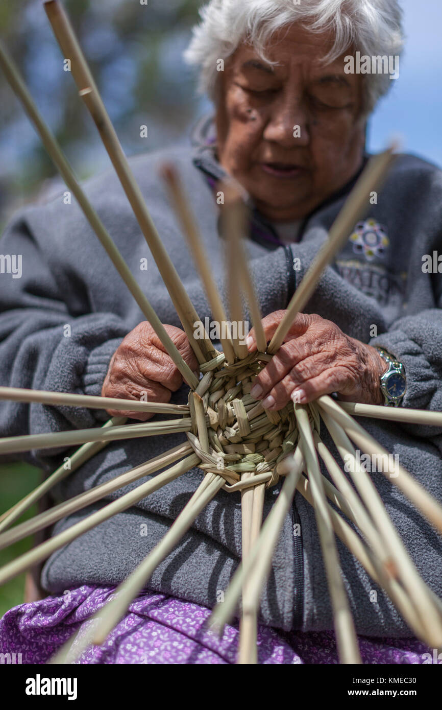 Native American Weber aus Föderierte Staaten von graton Rancheria (Souther Pomo und Küsten Miamok und andere Stämme aus dem Golden Gate in die Russische Fluss an einer Versammlung bei Tolay See, CA Stockfoto