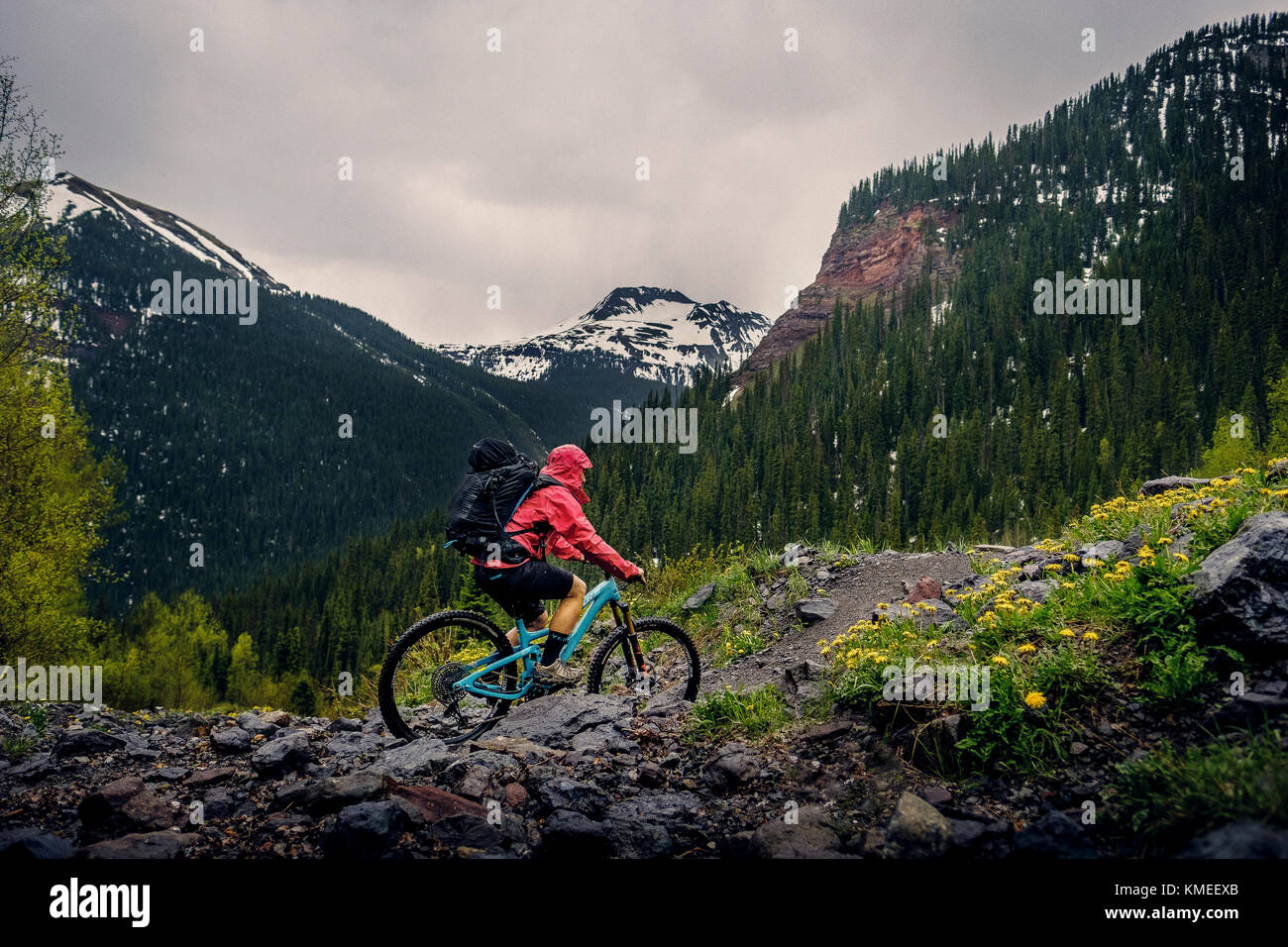 Frau Mountainbiker in landschaftlich reizvoller Landschaft reitet den Ice Lakes Trail im Regen, USA Stockfoto