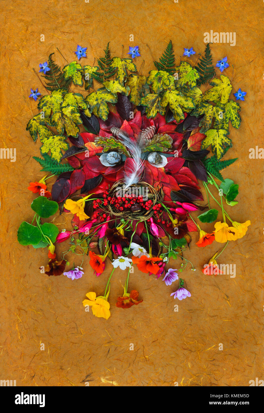 Der Grüne Mann Gesicht ab Herbst Blätter, Blüten, Beeren, Federn und Schneckenschalen. Symbol der natürlichen Regeneration Stockfoto