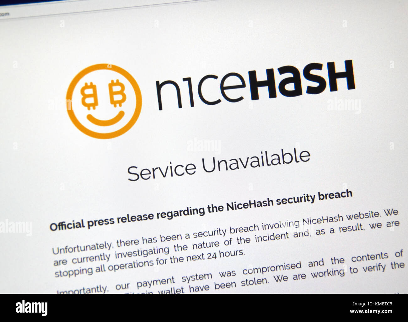 MONTREAL, KANADA - 7. DEZEMBER 2017: Nicehash Sicherheitsverletzung Pressemitteilung auf der Startseite Webseite. NiceHash ist ein Crypto-bergbau Marketplace, dass sel verbindet Stockfoto