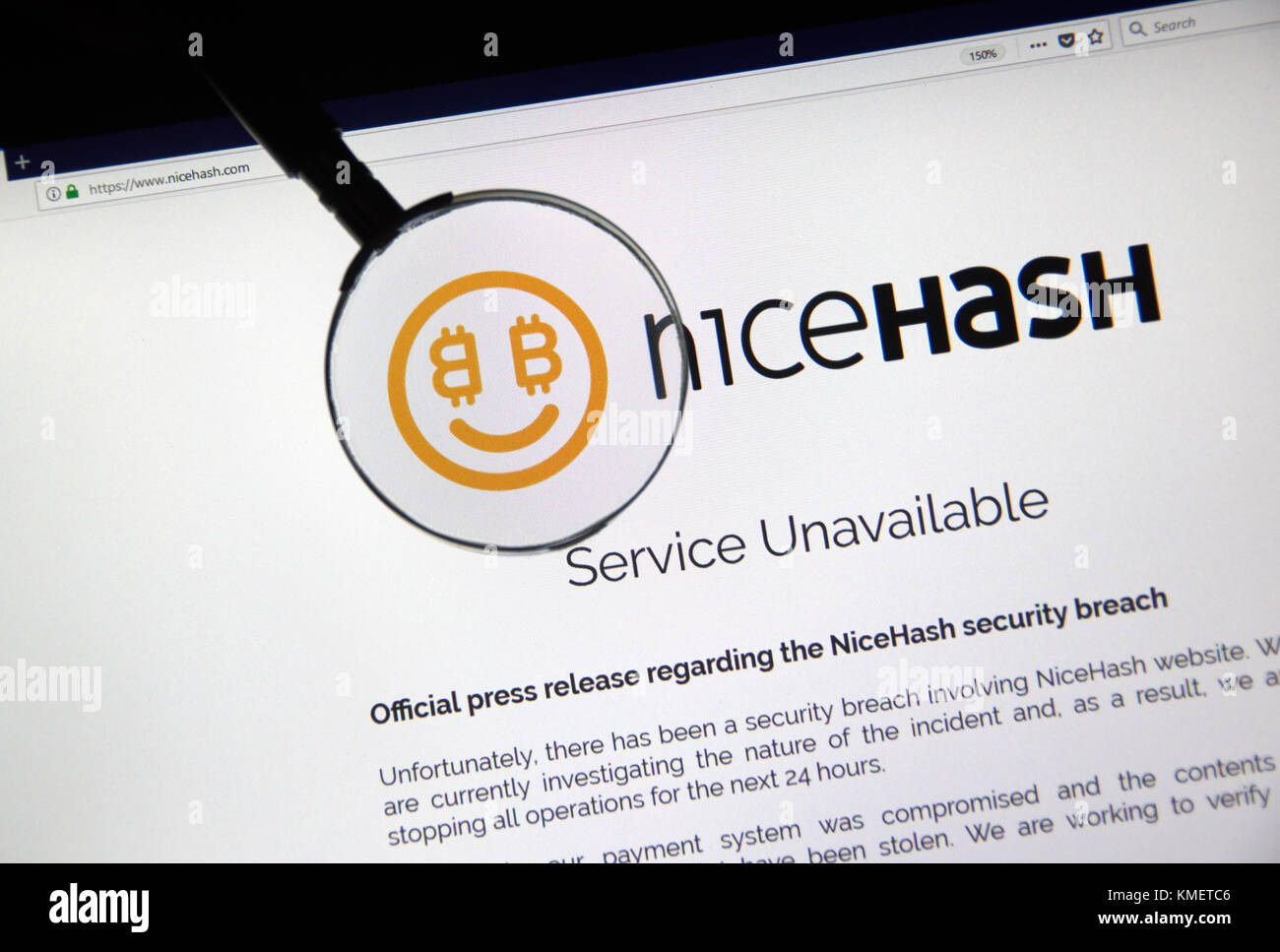 MONTREAL, KANADA - 7. DEZEMBER 2017: Nicehash Sicherheitsverletzung Pressemitteilung auf der Startseite Webseite. NiceHash ist ein Crypto-bergbau Marketplace, dass sel verbindet Stockfoto