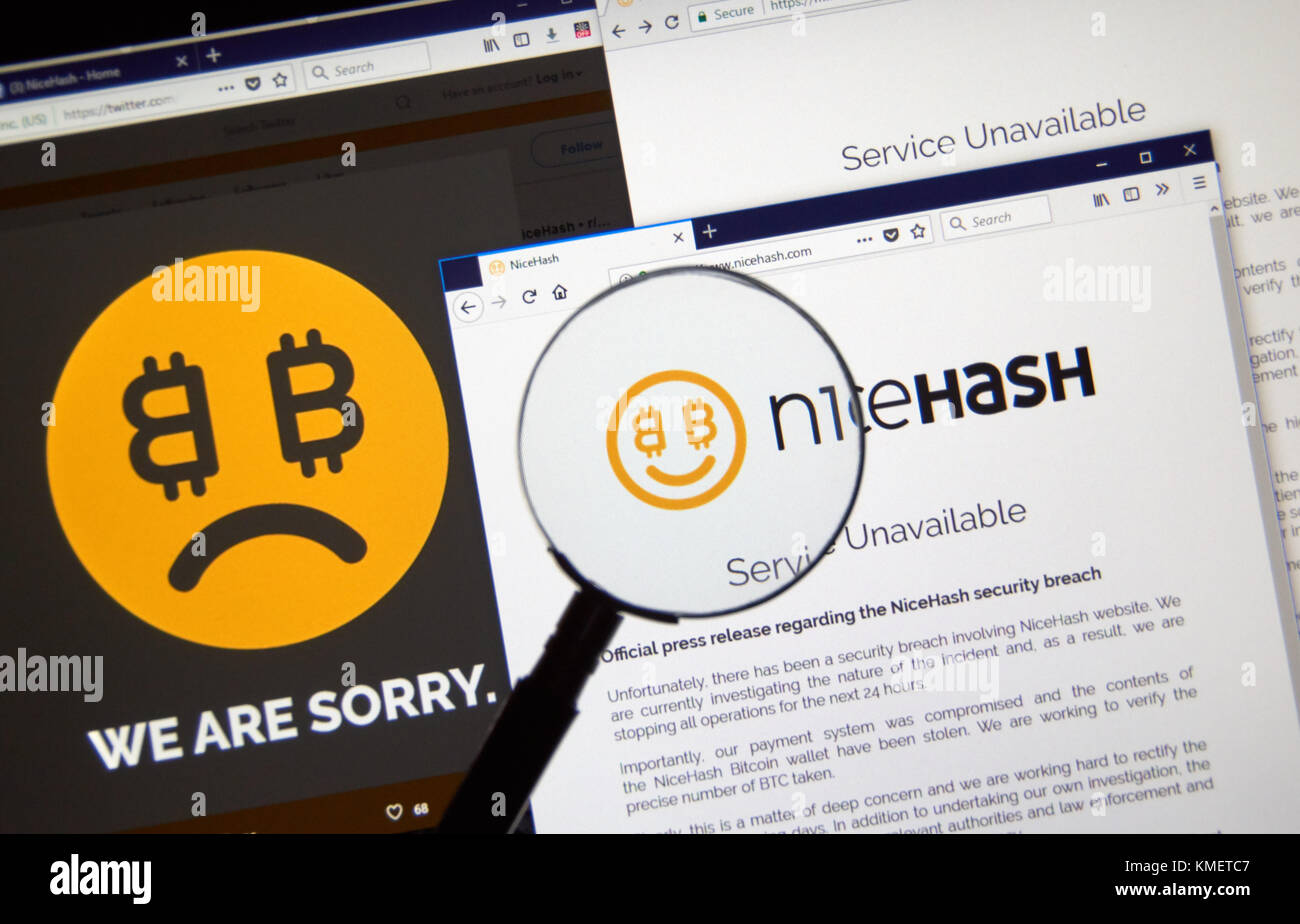 MONTREAL, KANADA - 7. DEZEMBER 2017: Nicehash Sicherheitsverletzung Pressemitteilung auf der Startseite Webseite. NiceHash ist ein Crypto-bergbau Marketplace, dass sel verbindet Stockfoto