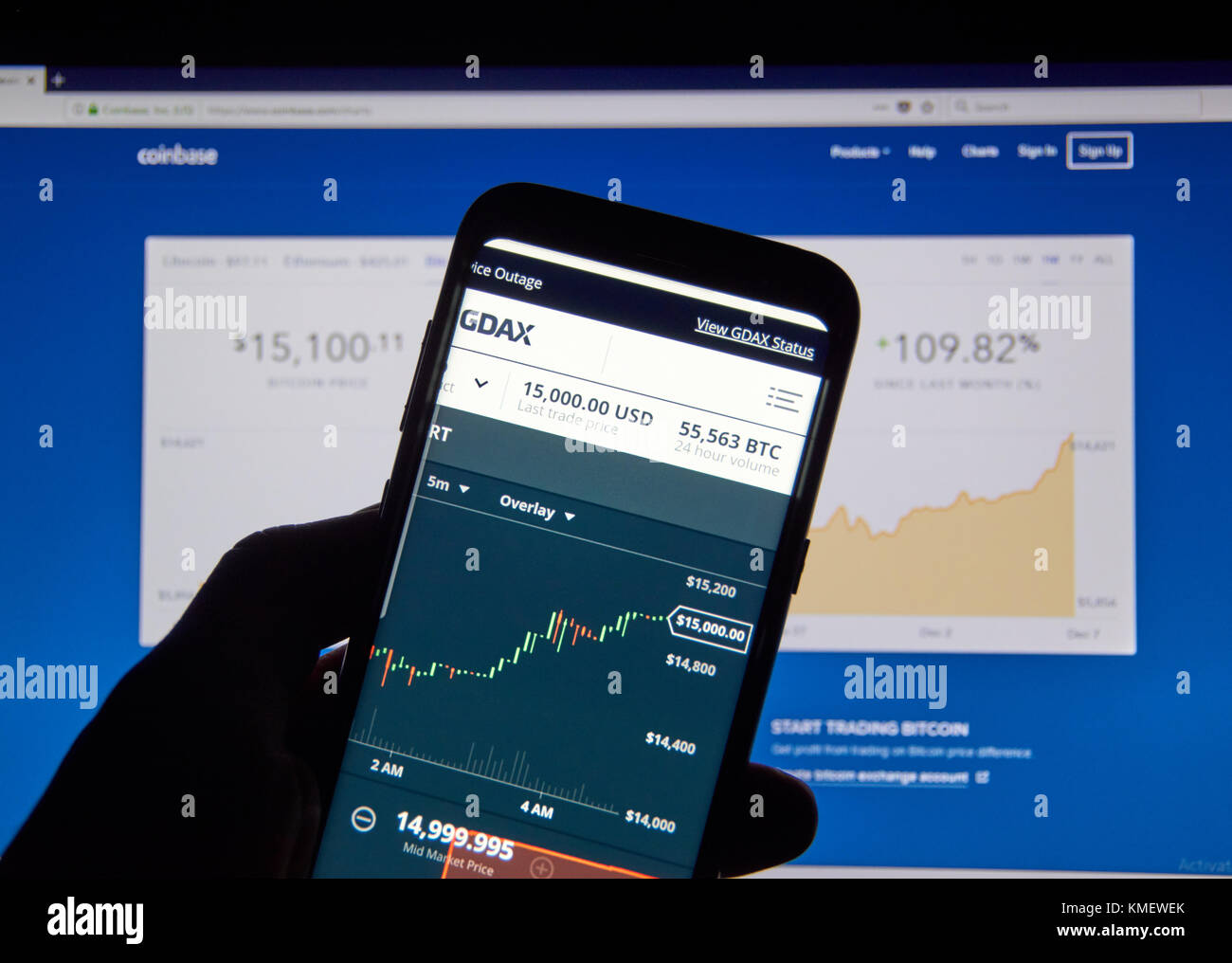 MONTREAL, KANADA - 7. DEZEMBER 2017: Bitcoin USD Preis auf GDAX Coinbase android app. GDAX ist eine Handelsplattform und ein Service der Coinbase, In Stockfoto