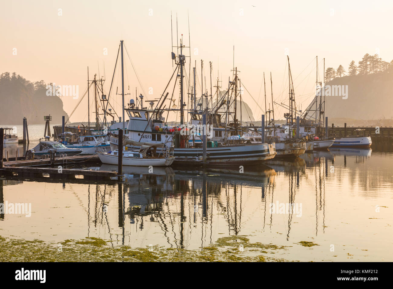 Fischerboote auf nebligen Tag in der Marina in der Stadt von La Push auf der Quileute Indianer Reservation im Staat Washington in den Vereinigten Staaten Stockfoto