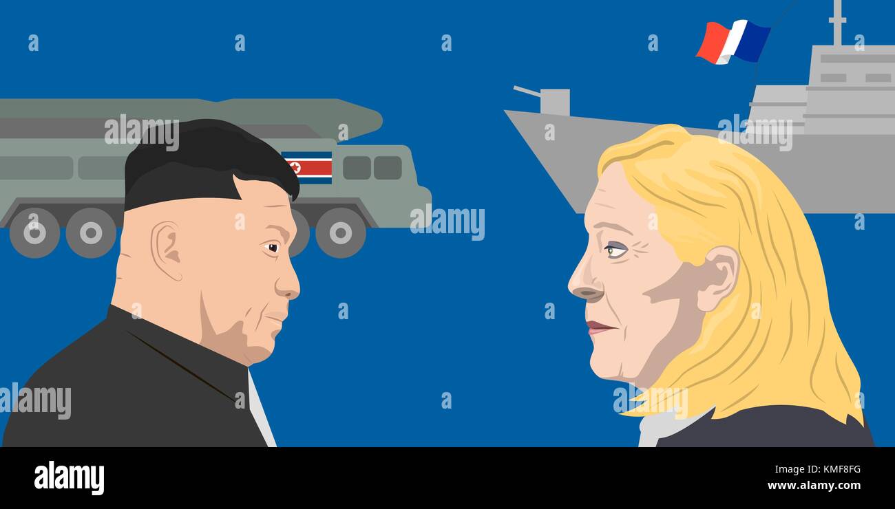 07.12.2018 Redaktionelle Illustration der französische Politiker Marine Le Pen und der Oberste Führer Nordkoreas Kim Jong-un Stock Vektor