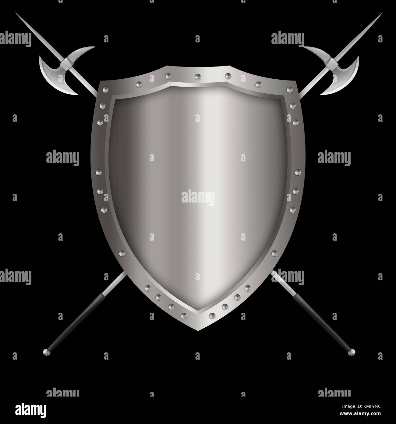 Mittelalterliches silbernes Schild mit genieteter Umrandung und zwei Äxten auf schwarzem Hintergrund. Stockfoto