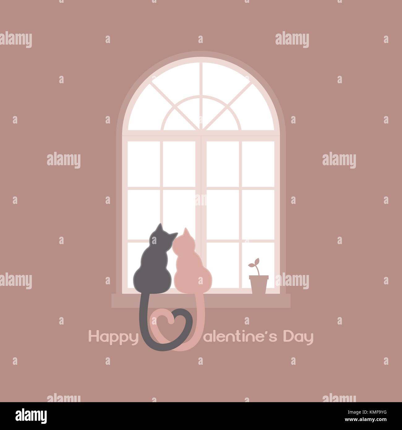 Zwei Katzen mit herzförmigen Schwänze sitzen auf einer Fensterbank in ein Zimmer, miteinander kuscheln und sich auf der Suche nach einem klassischen Rundbogenfenster in der Tageszeit mit Pl Stock Vektor