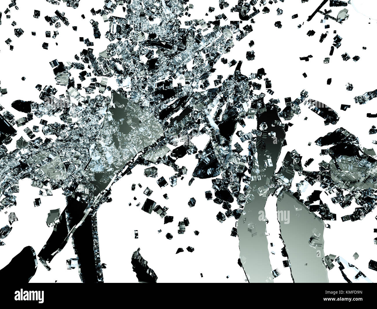 Stücke zerbrochen oder zertrümmerten Glas auf Weiß. 3D-Illustration, 3D-Rendering Stockfoto