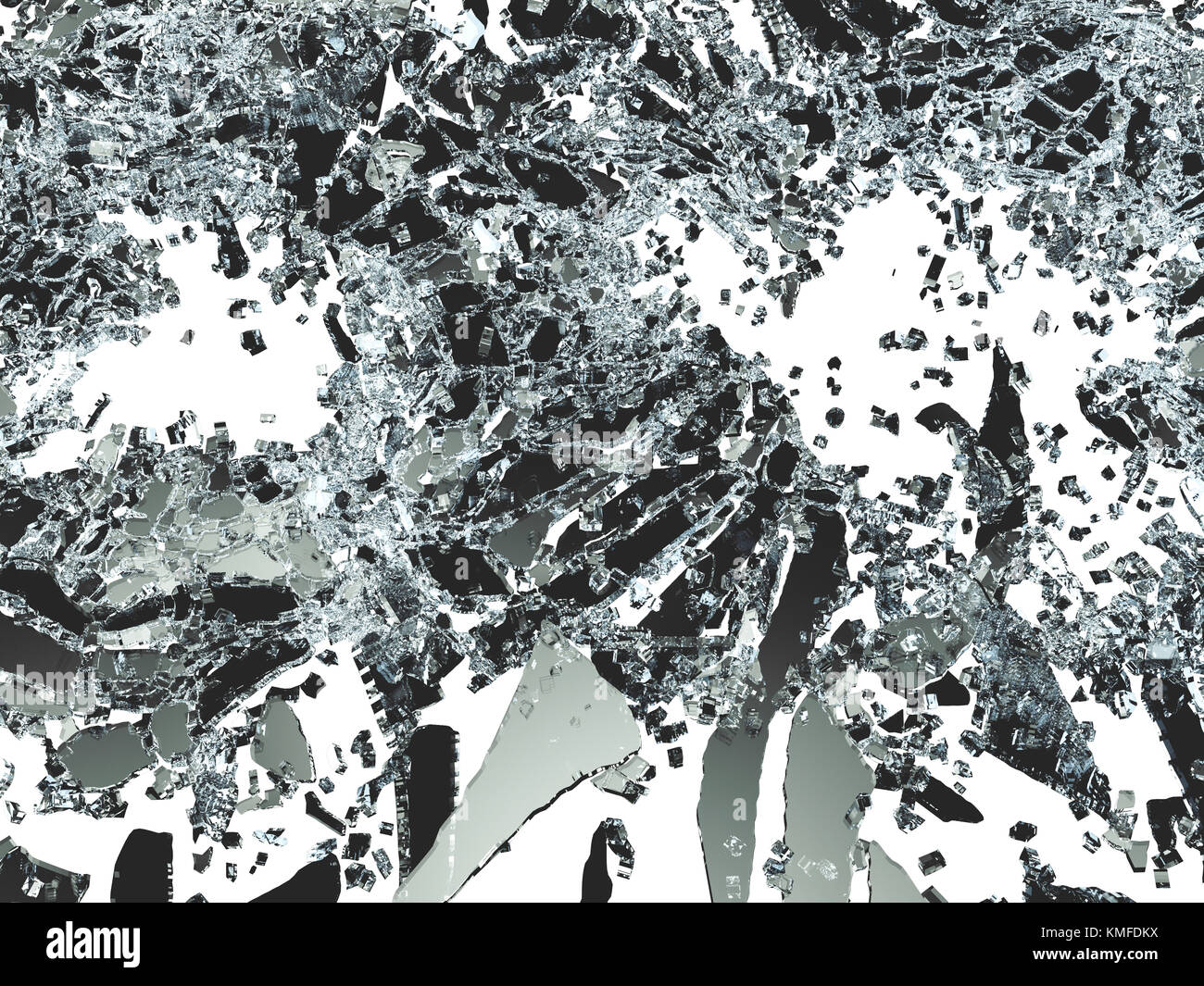 Stücke zerbrochen oder zertrümmerten Glas auf Weiß. 3D-Illustration, 3D-Rendering Stockfoto