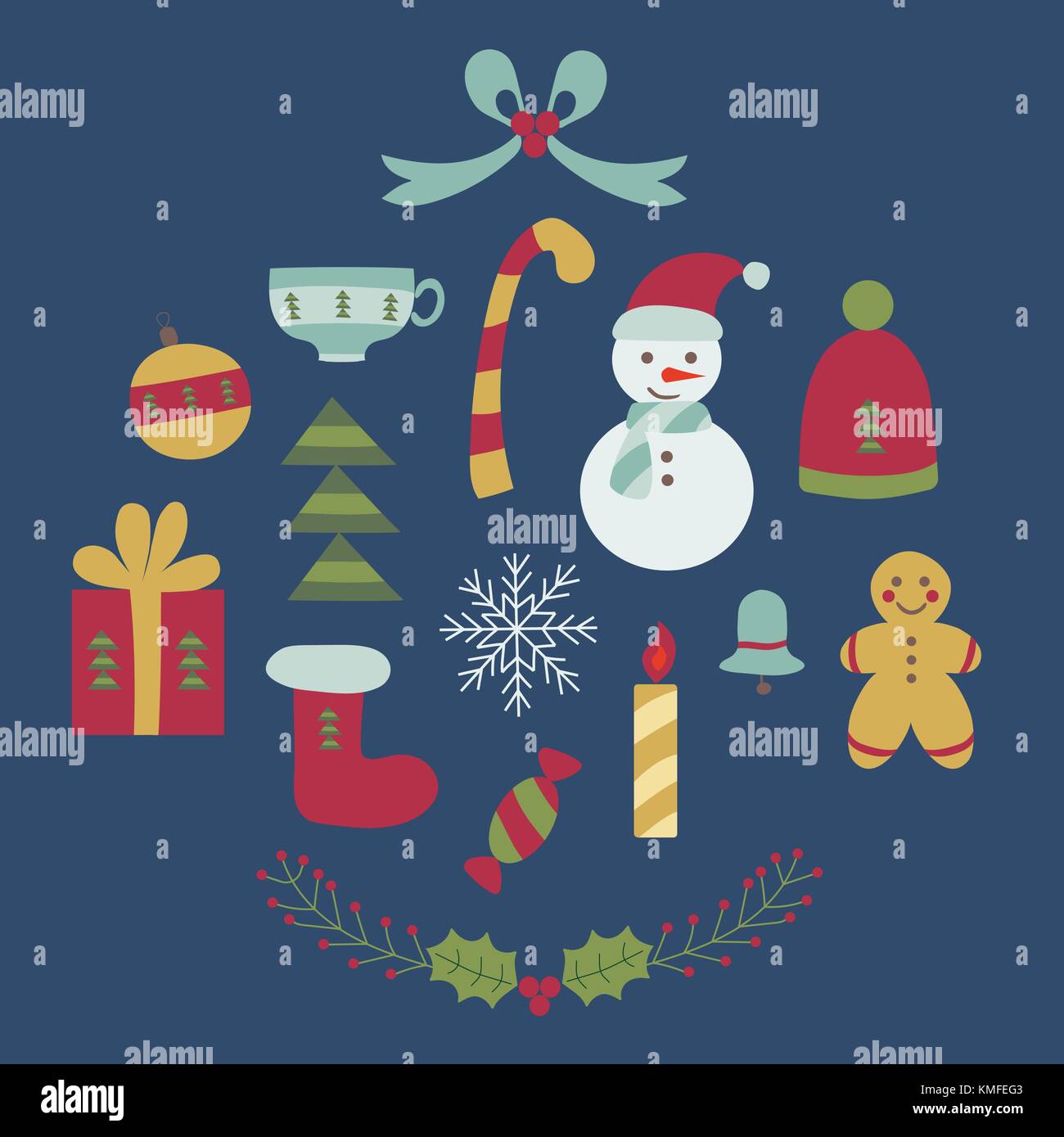 Der traditionelle Weihnachten Elemente in doodle Stil. cartoon Weihnachten Icons collection Mit Gingerbread Man, Tannenbaum, Rote Socke, Schneemann, Geschenkbox, rowa Stock Vektor