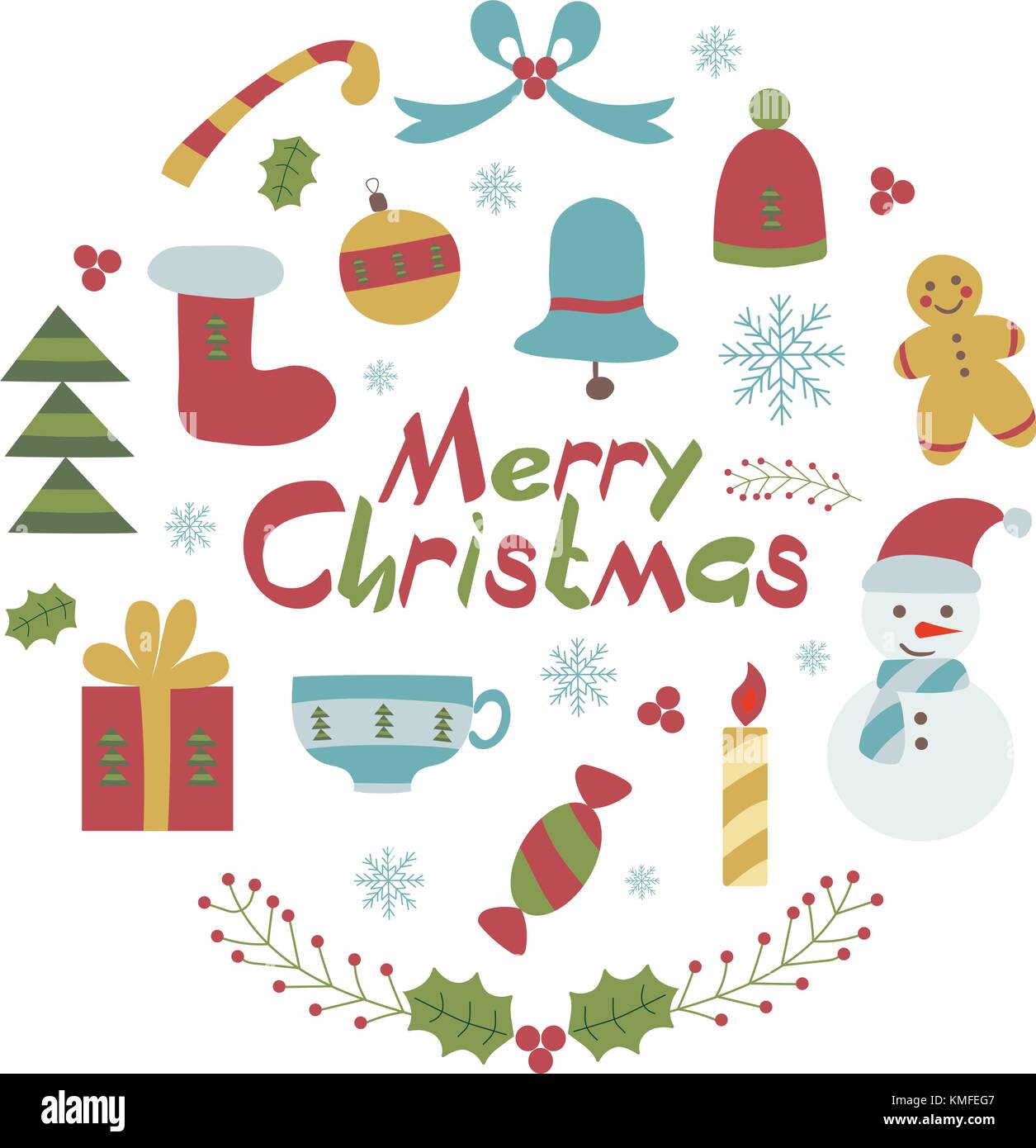 Frohe Weihnachten kindisch Karte mit traditionellen xmas Symbole und Elemente mit Gratulation Text. Cartoon oder doodle Stil. Stock Vektor